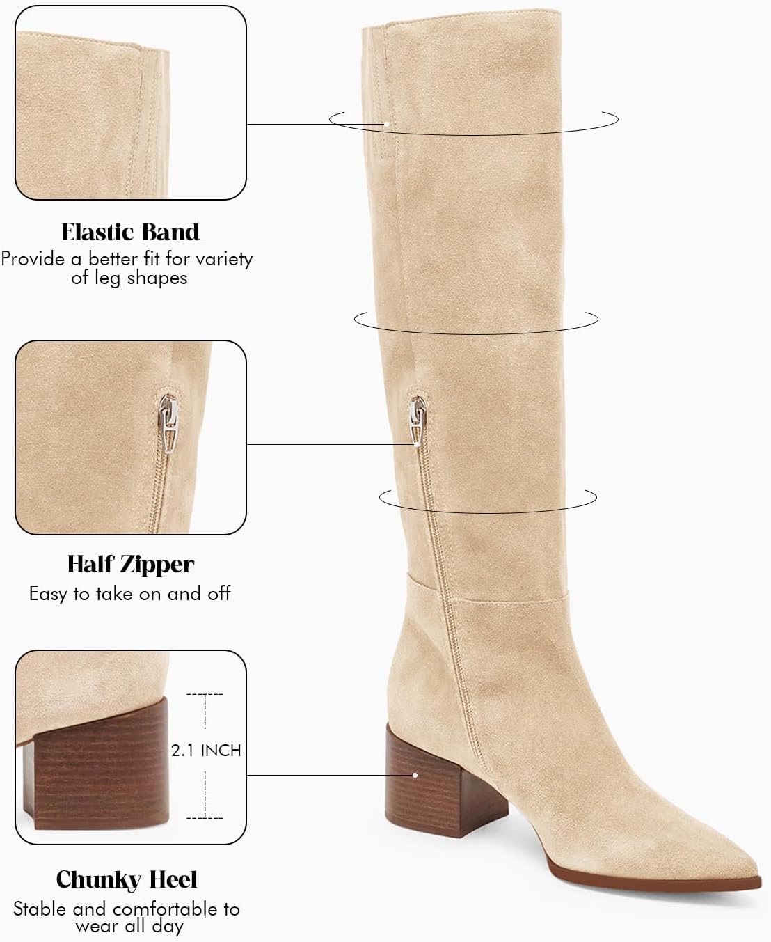 Coutgo Women Suede Beige Wide Calf Knee Boots