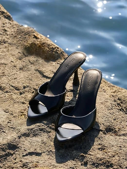 Coutgo Womens Black Heeled Mules High Heels