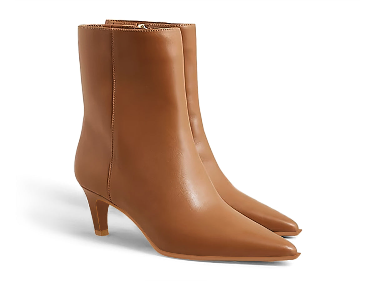 Coutgo Womens Light Brown PU Pointed Toe Kitten Heel Side Zipper Fall Ankle Boots