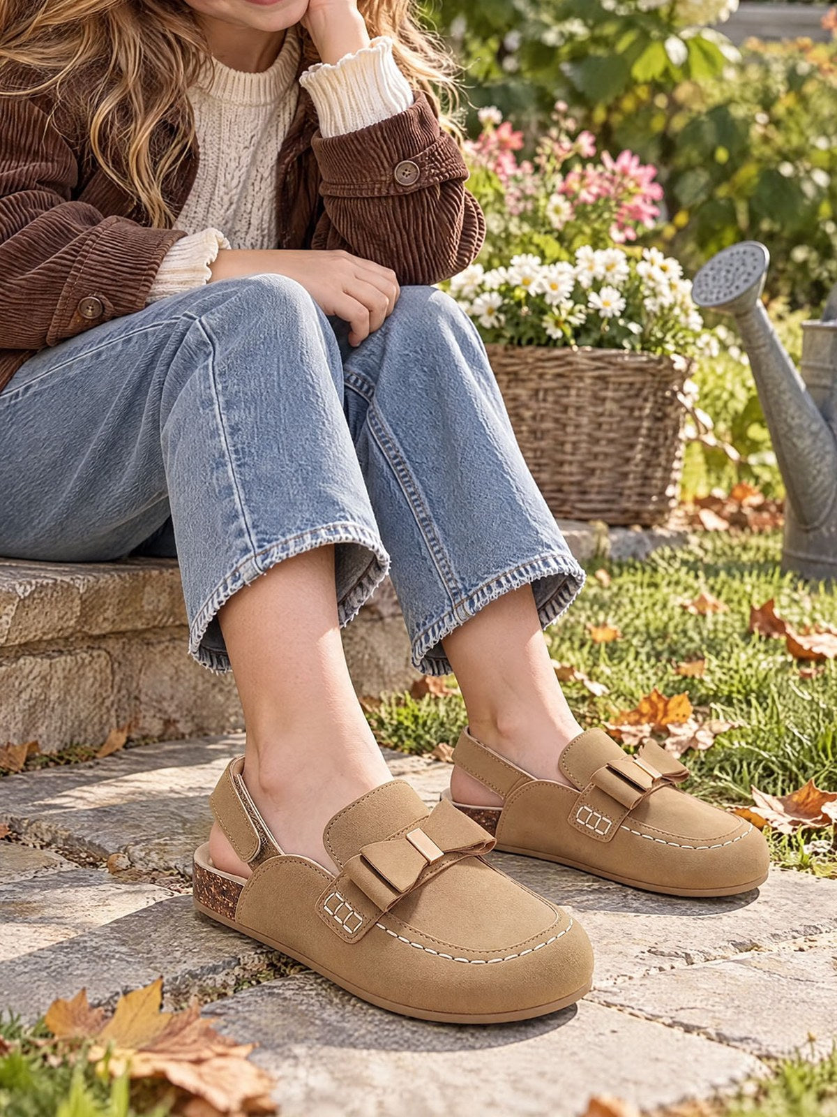 Coutgo Girls Brown Bow Suede Slip-On Casual Cork Footbed Clogs