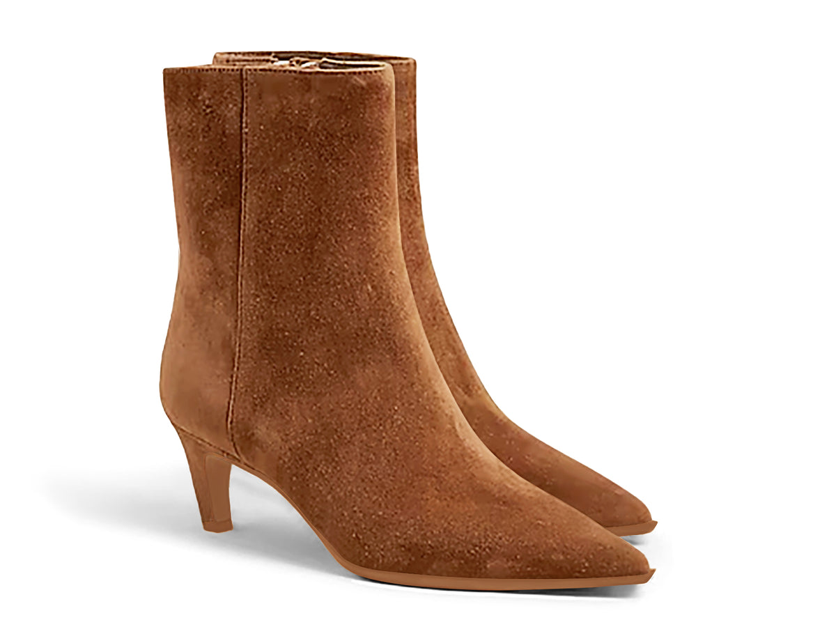 Coutgo Womens Brown Suede Pointed Toe Kitten Heel Side Zipper Fall Ankle Boots