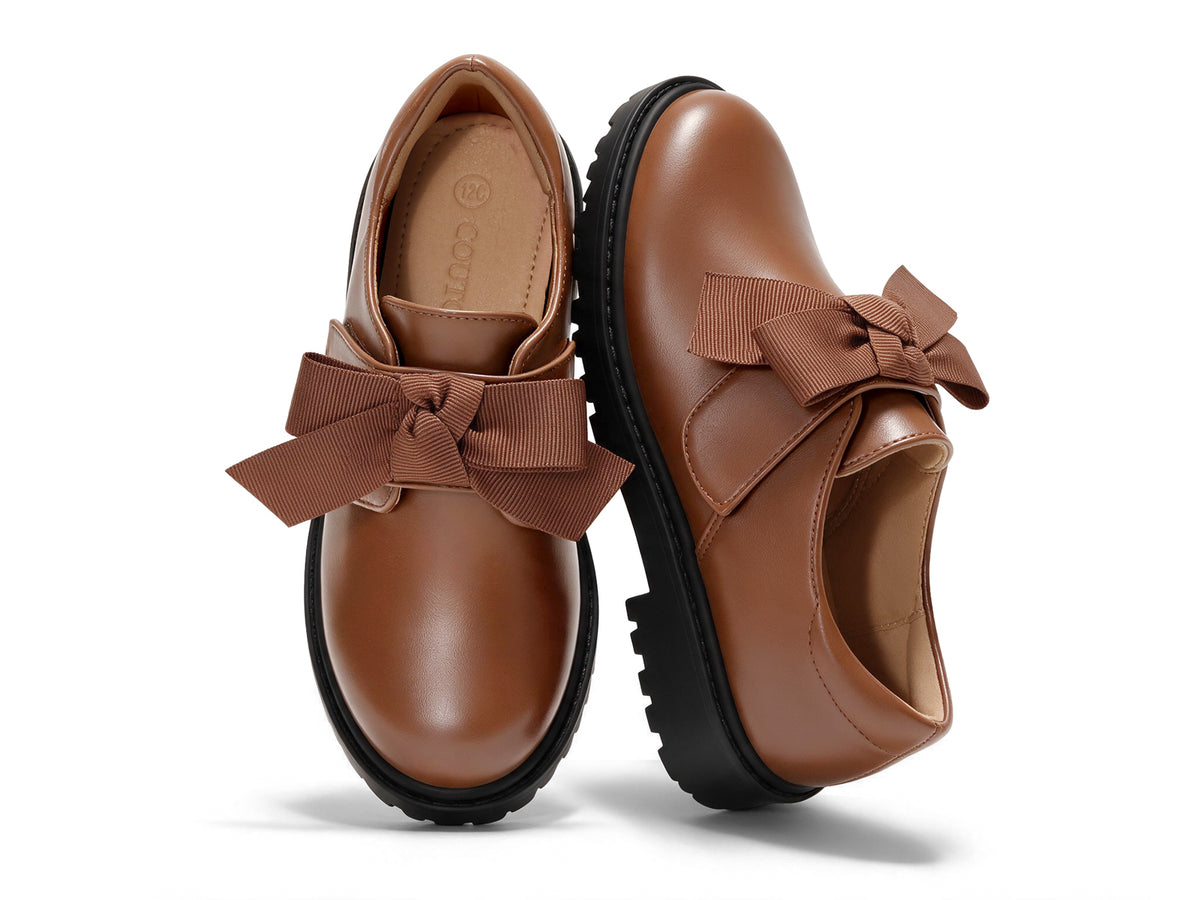 Coutgo Girls Brown Pu Bow Platform Loafers