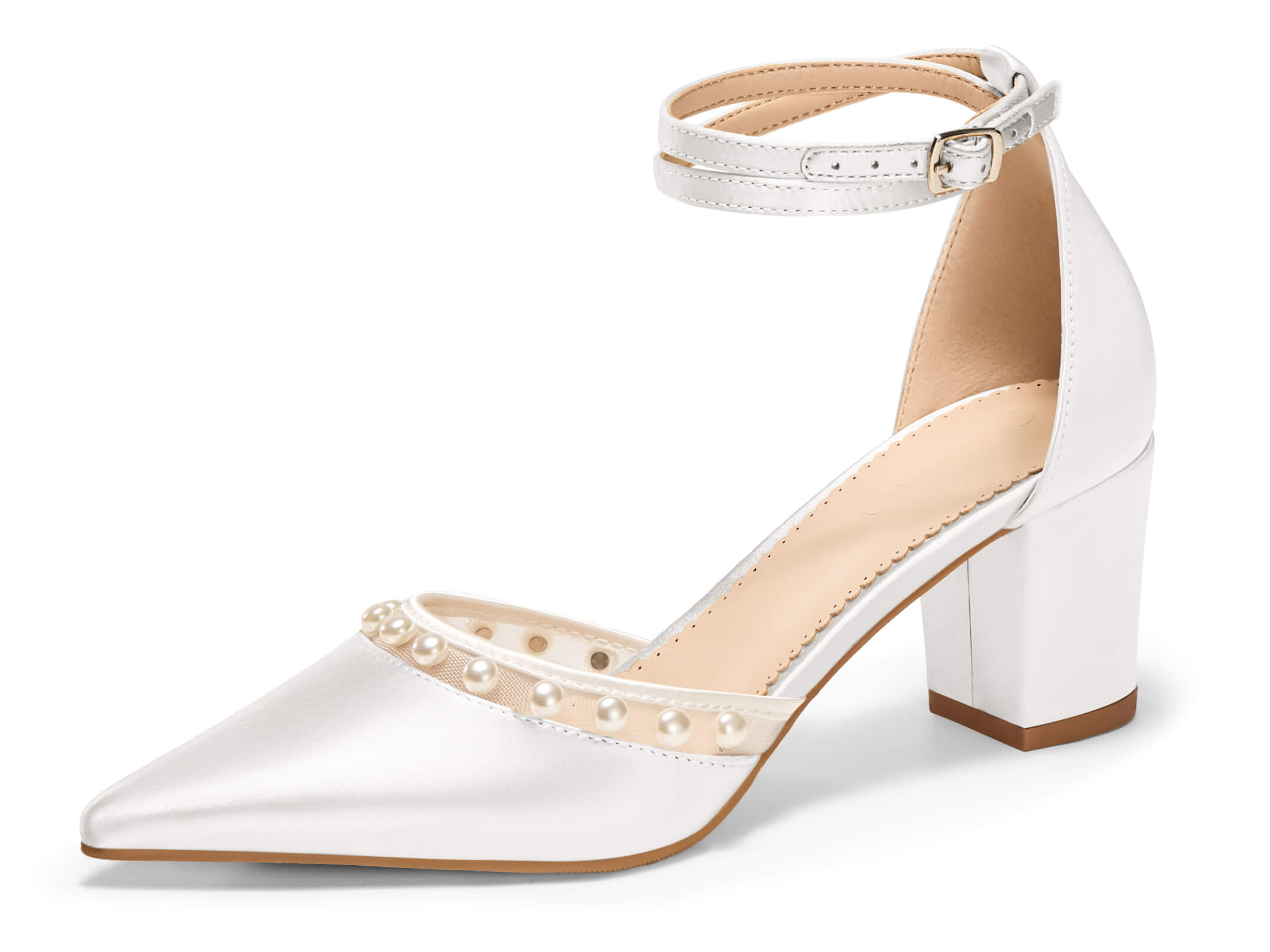Coutgo Womens White Pearl Chunky Heels