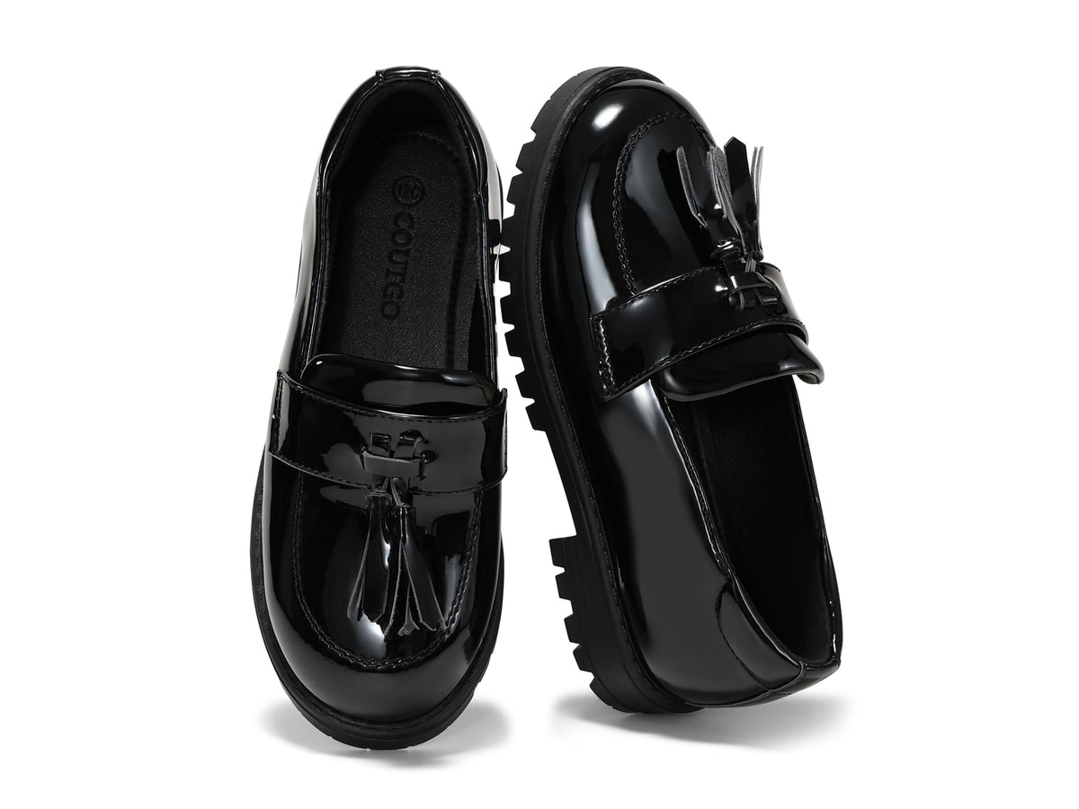 Coutgo Girls Black Pat Platform Slip Loafers