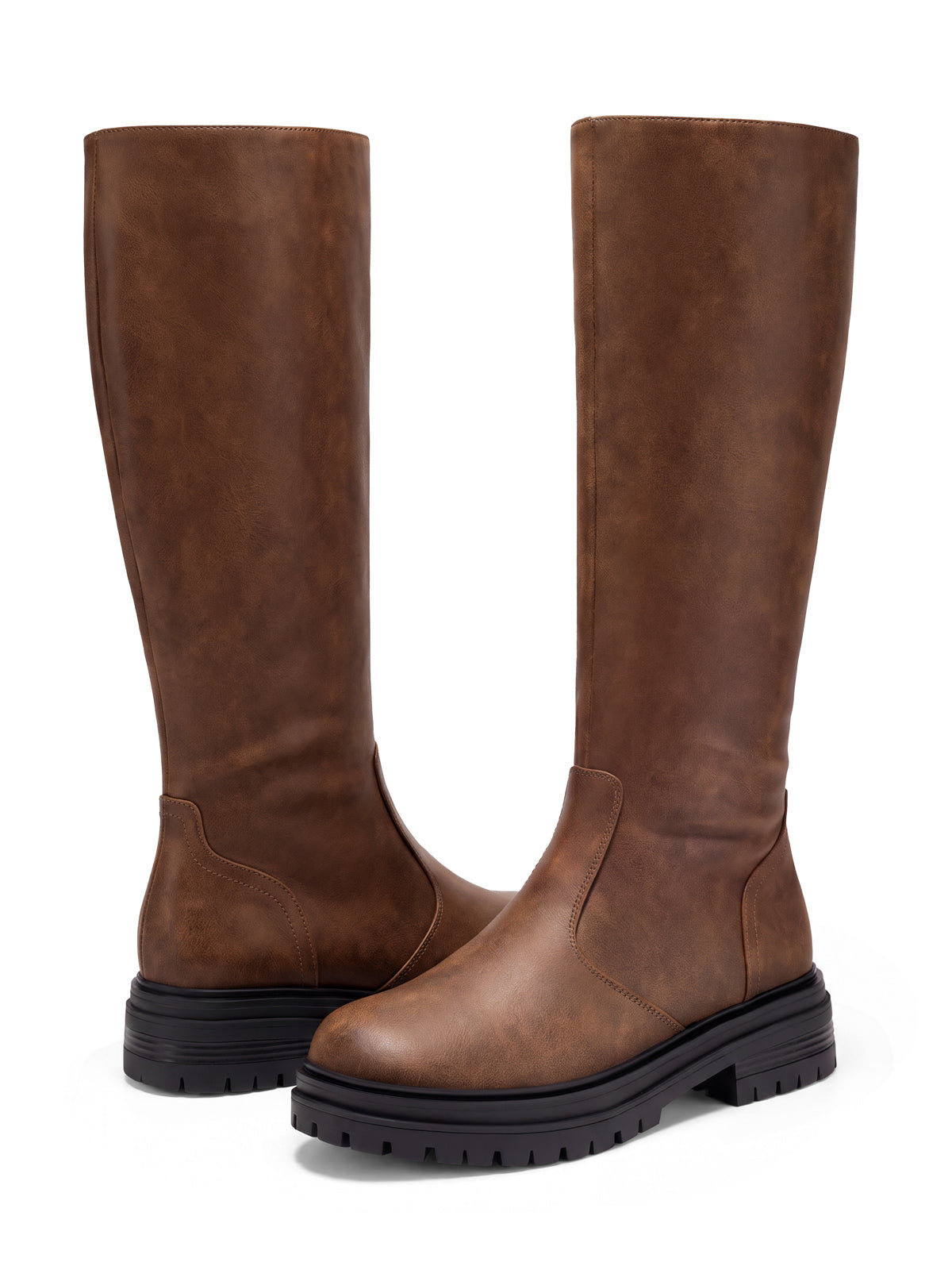 Coutgo Womens PU Brown Chunky Heel Knee Boots