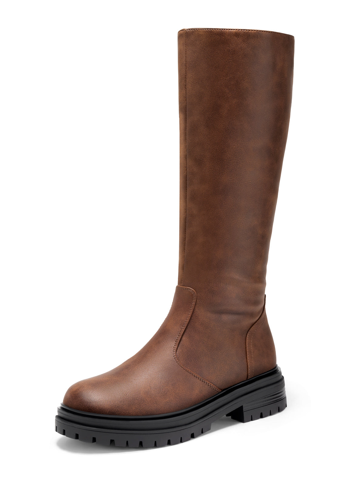 Coutgo Womens PU Brown Chunky Heel Knee Boots