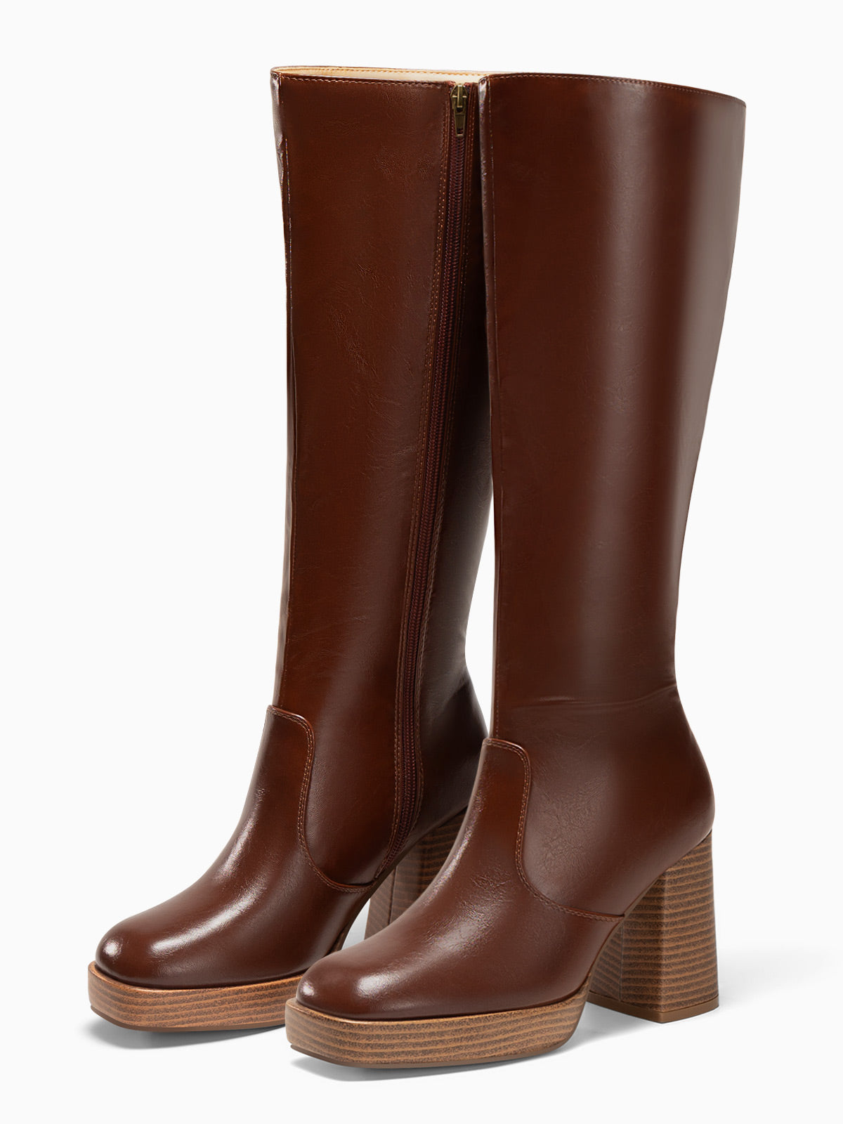Coutgo Womens Dark Brown Platform Knee High Boots