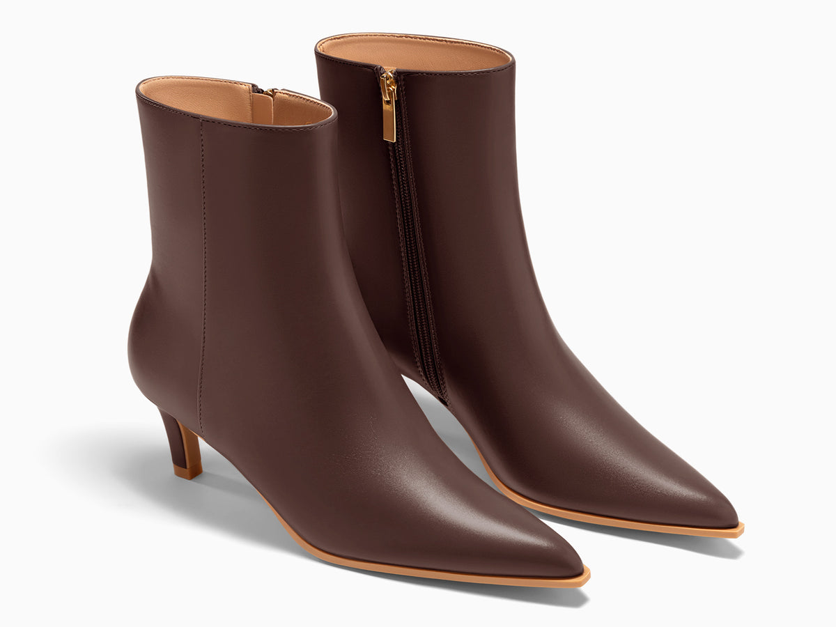 Coutgo Womens Dark Brown PU Pointed Toe Kitten Heel Side Zipper Fall Ankle Boots