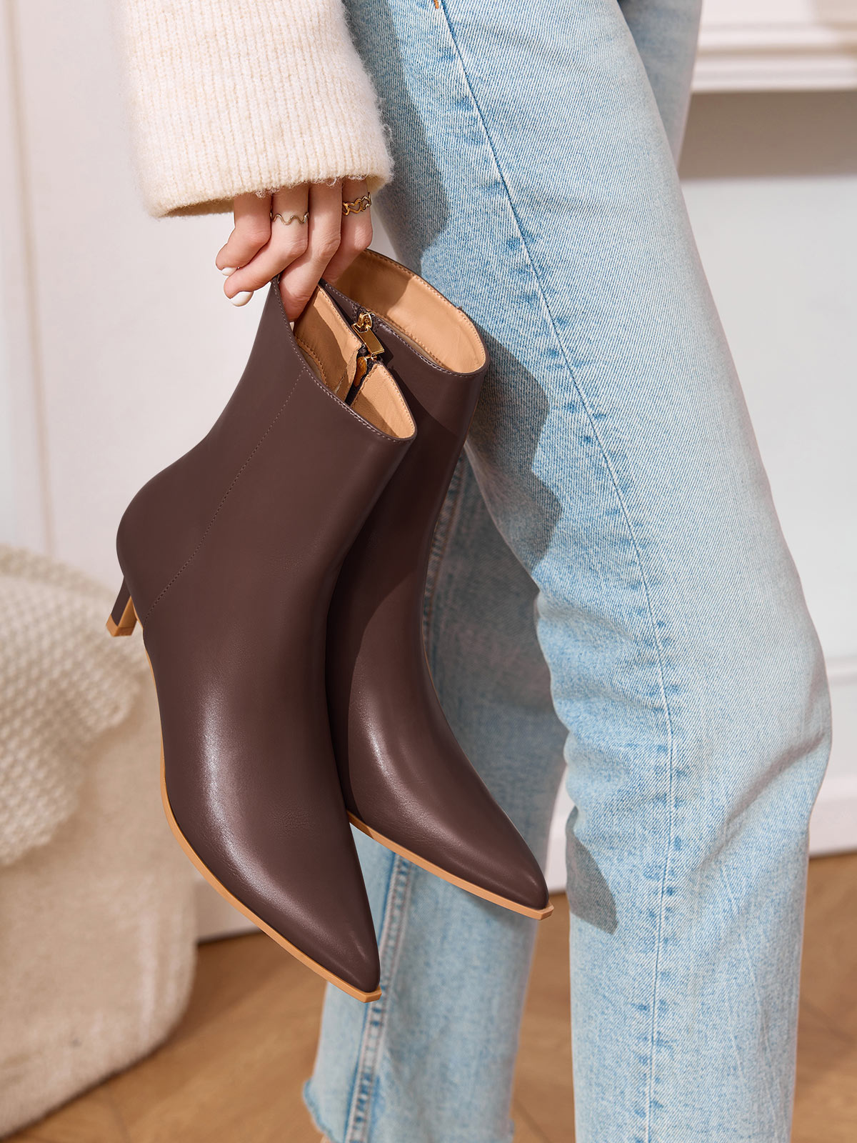 Coutgo Womens Dark Brown PU Pointed Toe Kitten Heel Side Zipper Fall Ankle Boots