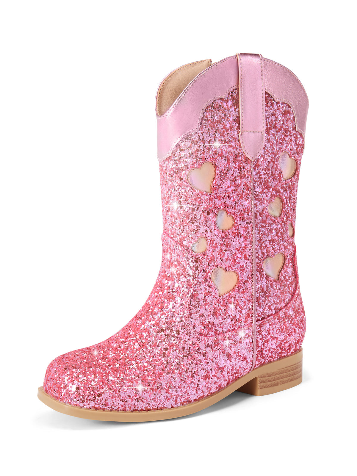 Coutgo Women Pink Glitter Cowgirl Boots