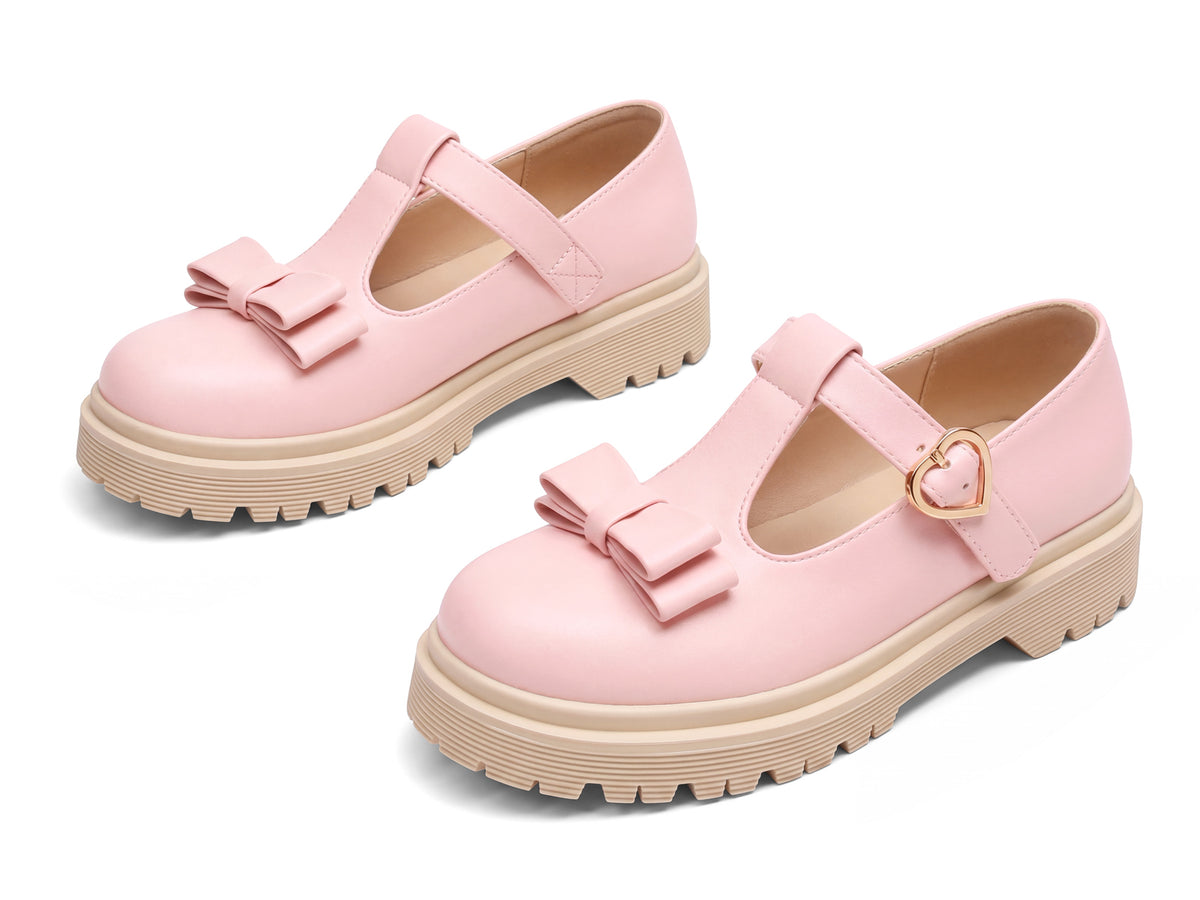 Coutgo Girls Pink PU Bow T-Strap Patent Chunky Platform Mary Jane Flats