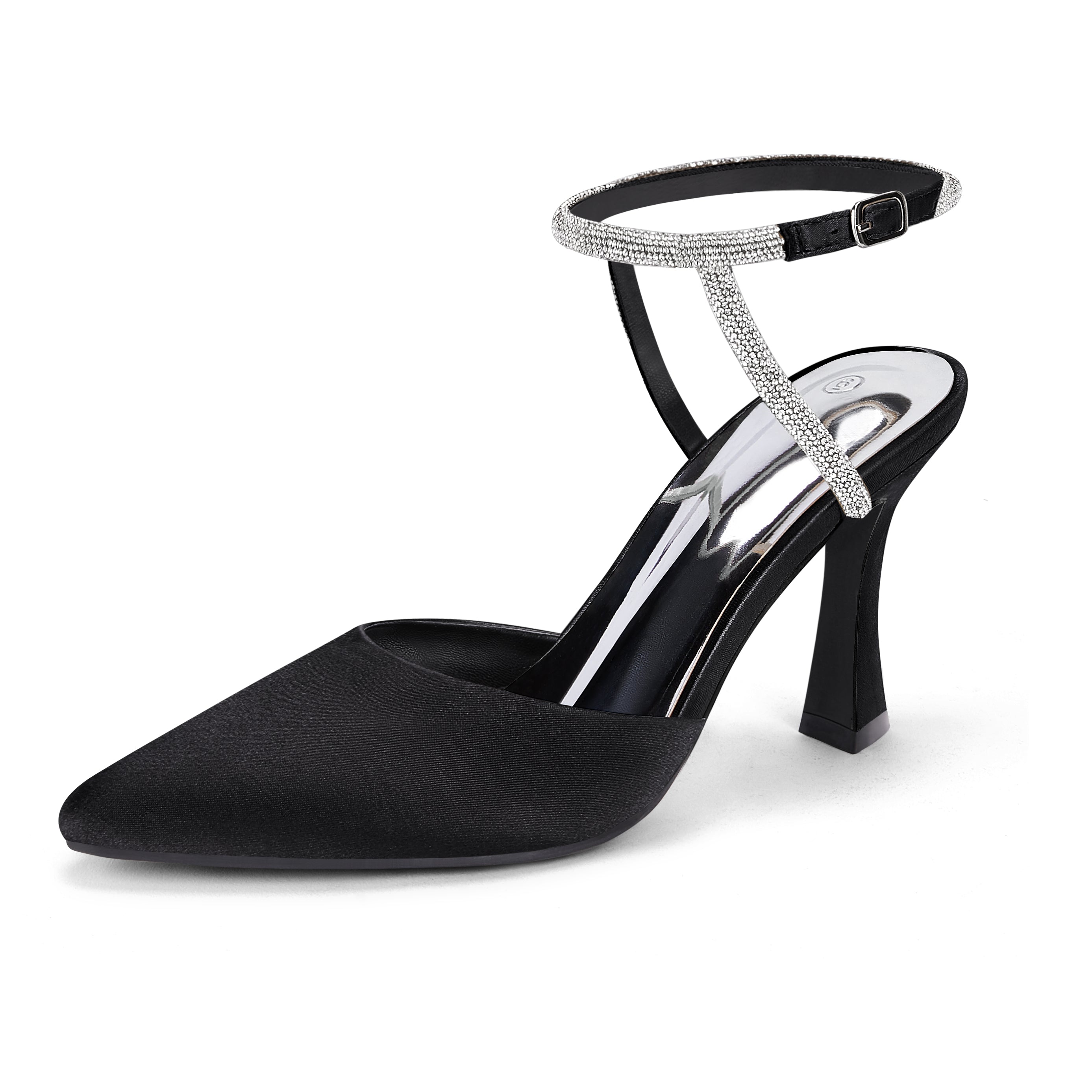 Coutgo Women Black Satin Rhinestone Pumps