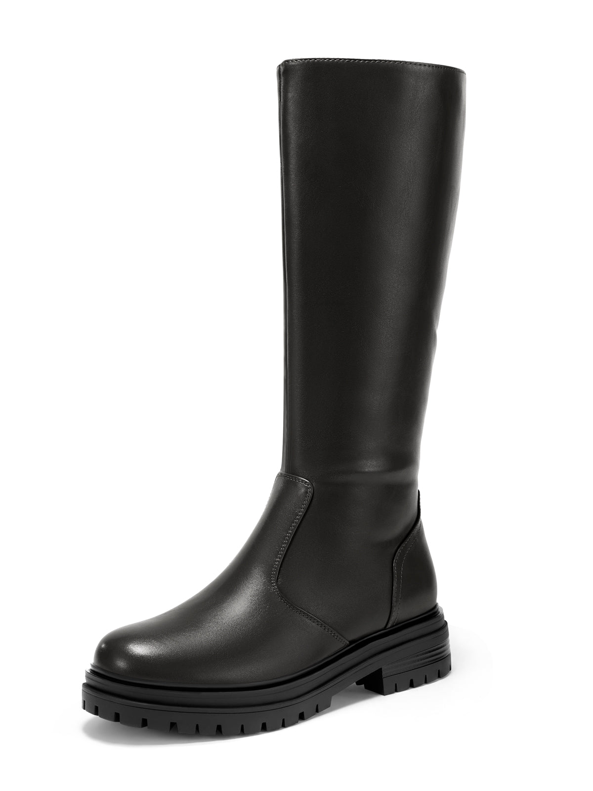 Coutgo Womens PU Black Chunky Heel Knee Boots