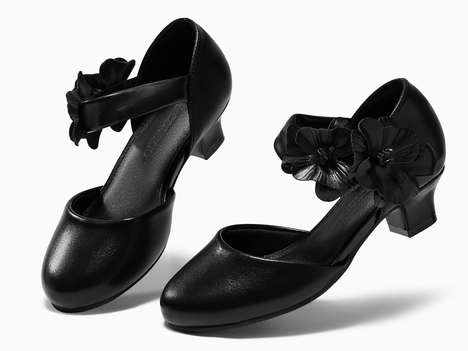 Coutgo Girls Black Closed Toe Low Chunky Heels