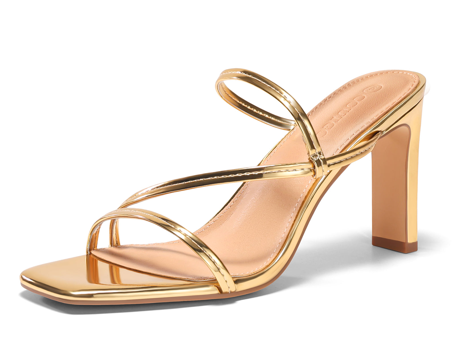 Coutgo Womens Gold Strappy Chunky Heels Sandals