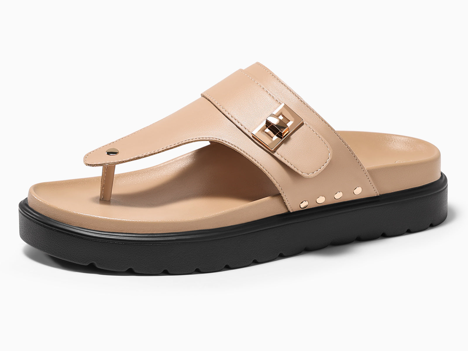 Coutgo Womens Khaki Leather Platform Thong Sandals