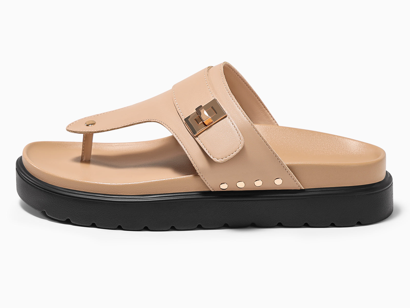 Coutgo Womens Khaki Leather Platform Thong Sandals