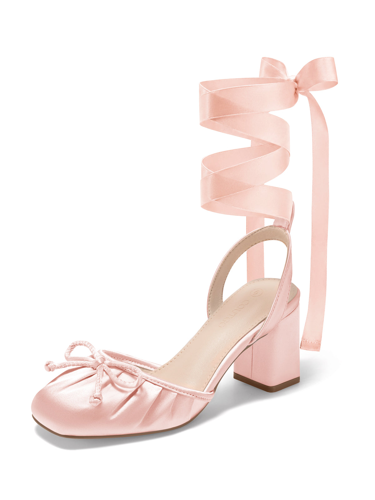 Coutgo Women Nude Pink Bow Chunky Heel Pumps