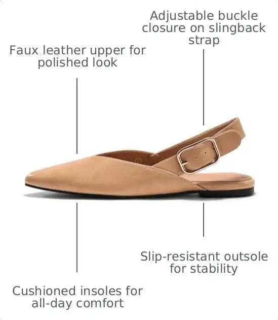 Coutgo Womens Pointed-Toe Slingback Flats with Buckle Closure