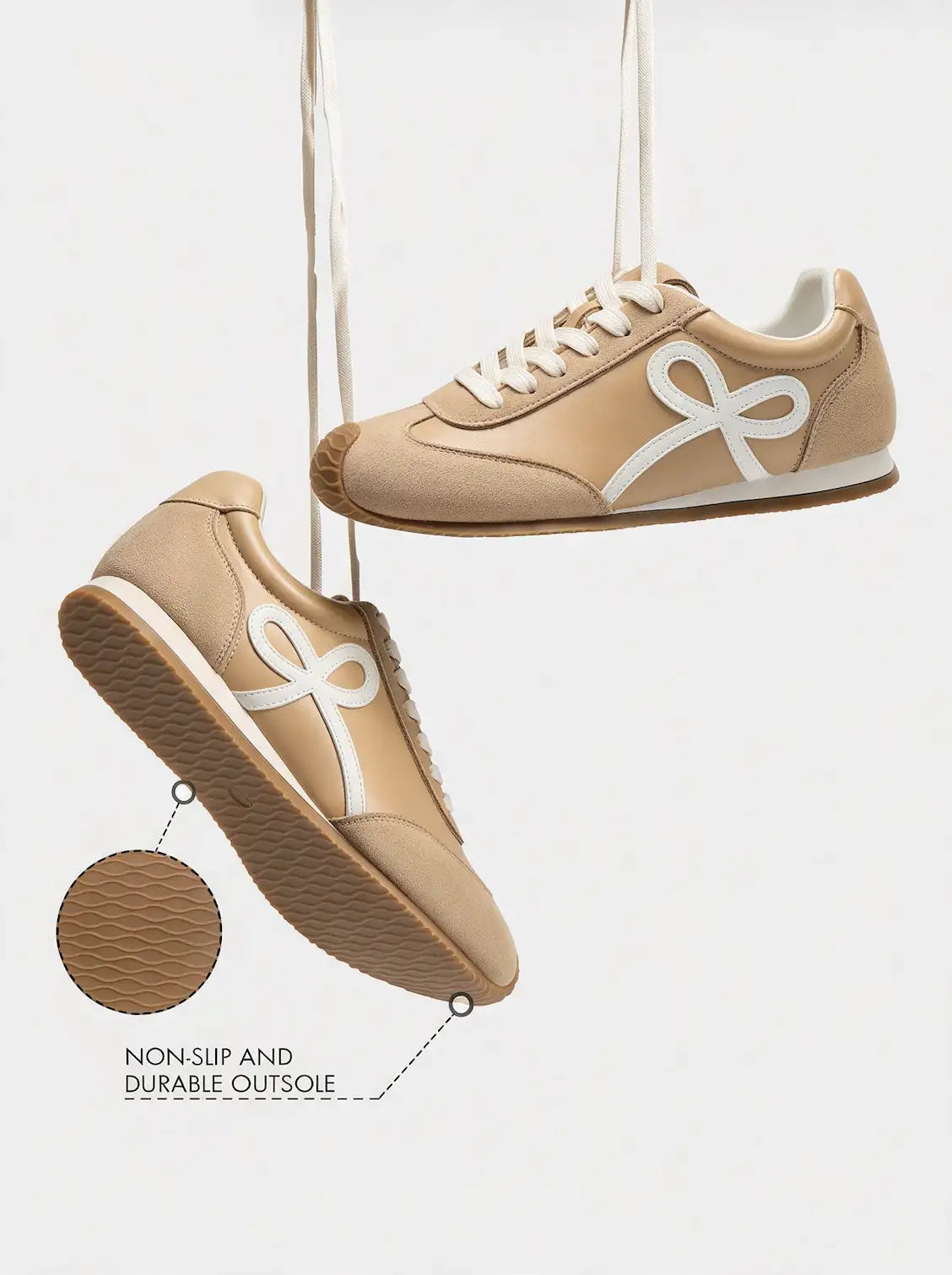 Coutgo Womens Khaki Bow Detail Lace-Up Casual Sneakers