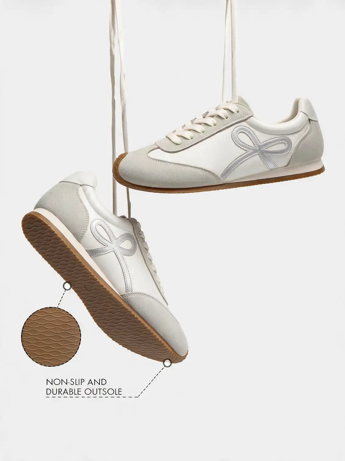 Coutgo Womens Light Grey Bow Lace-Up Casual Sneakers