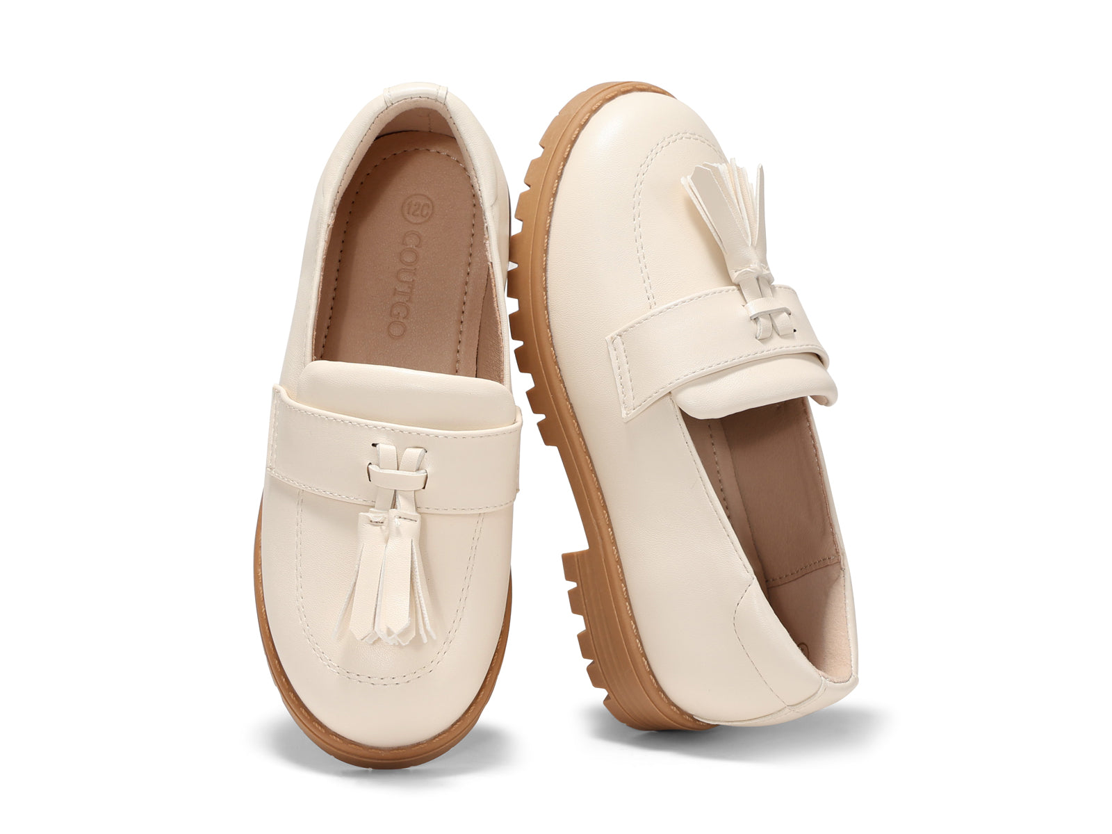 Coutgo Girls Cream White Pu Platform Slip Loafers