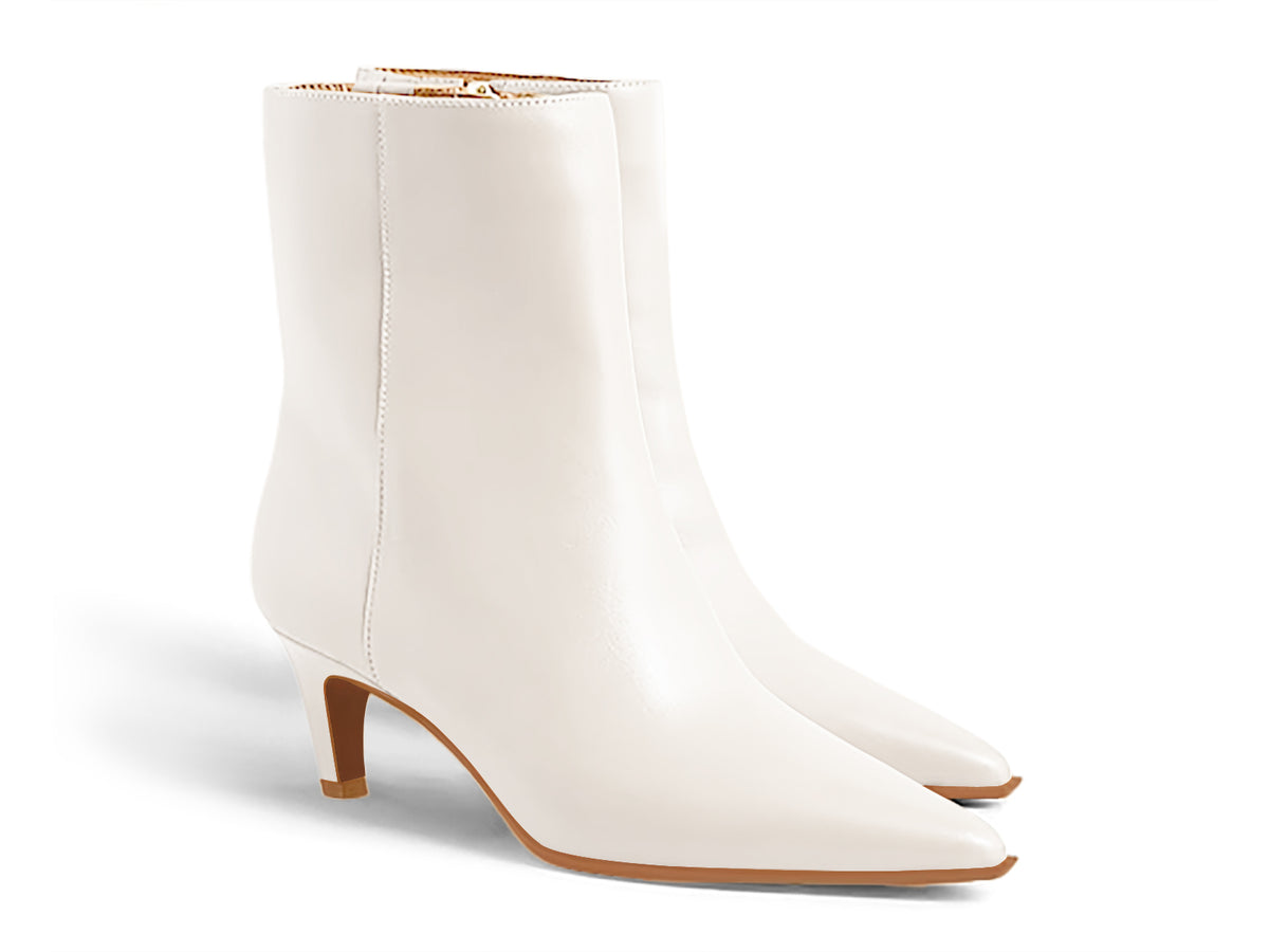 Coutgo Womens Cream White PU Pointed Toe Kitten Heel Side Zipper Fall Ankle Boots
