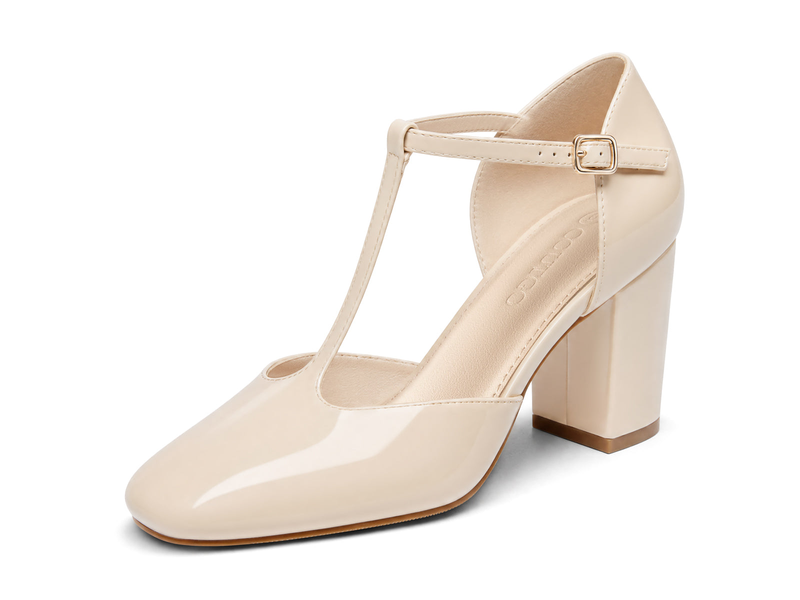 Coutgo Womens Beige Mary Jane Chunky Heels
