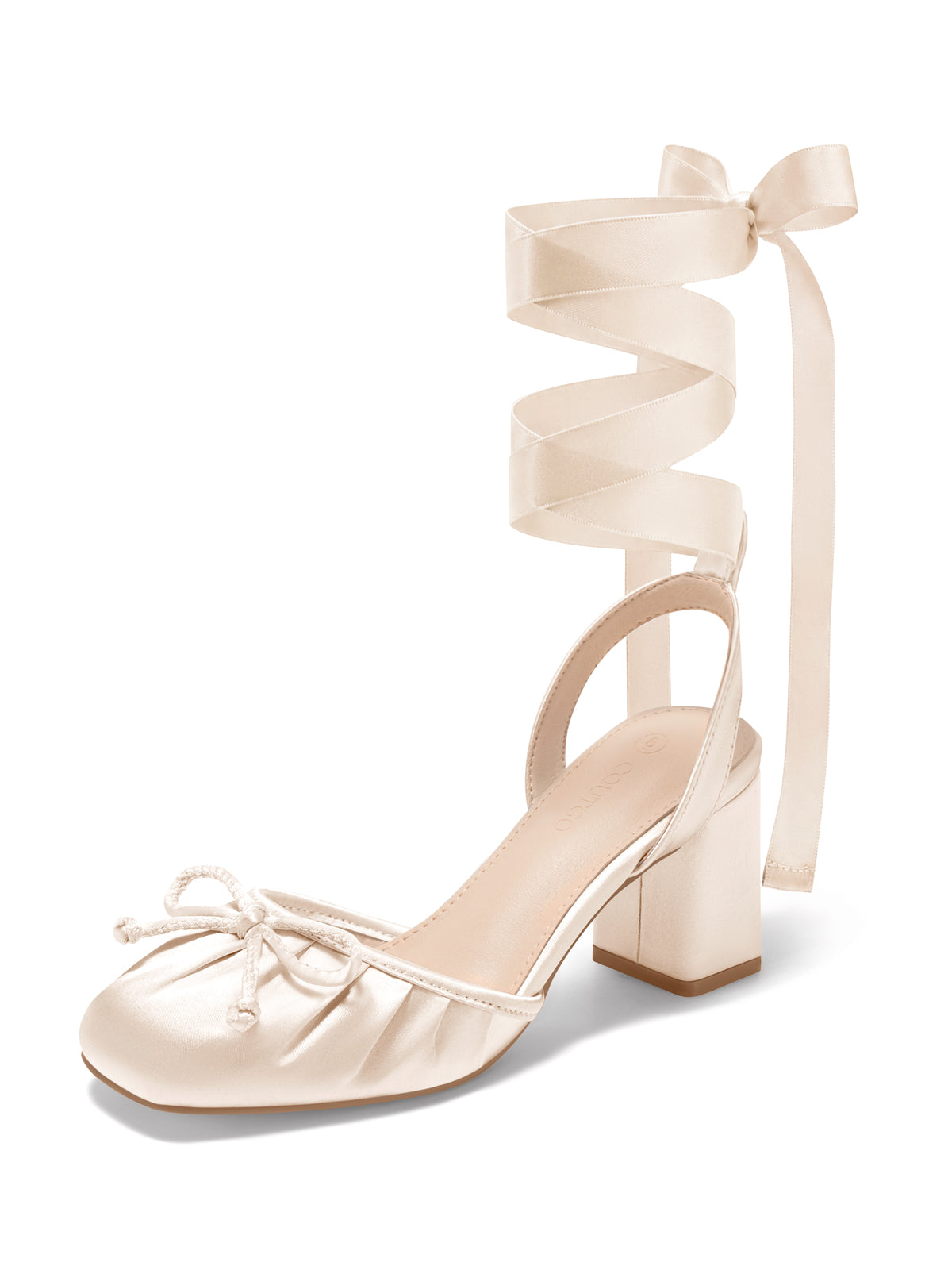 Coutgo Women Beige Bow Chunky Heel Pumps