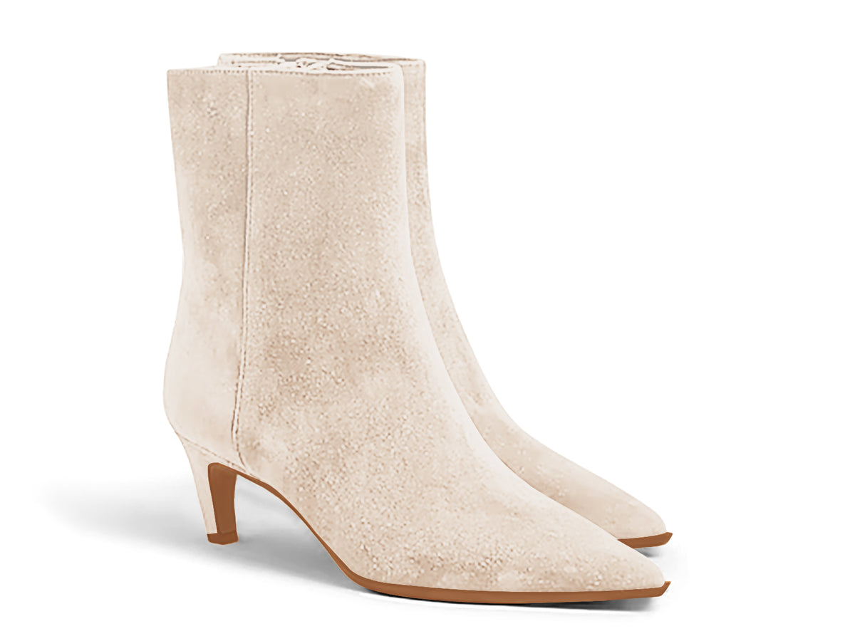 Coutgo Womens Beige Suede Pointed Toe Kitten Heel Side Zipper Fall Ankle Boots
