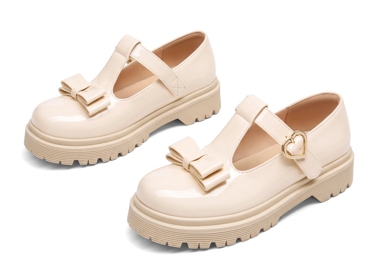 Coutgo Girls Apricot Beige Bow T-Strap Patent Chunky Platform Mary Jane Flats