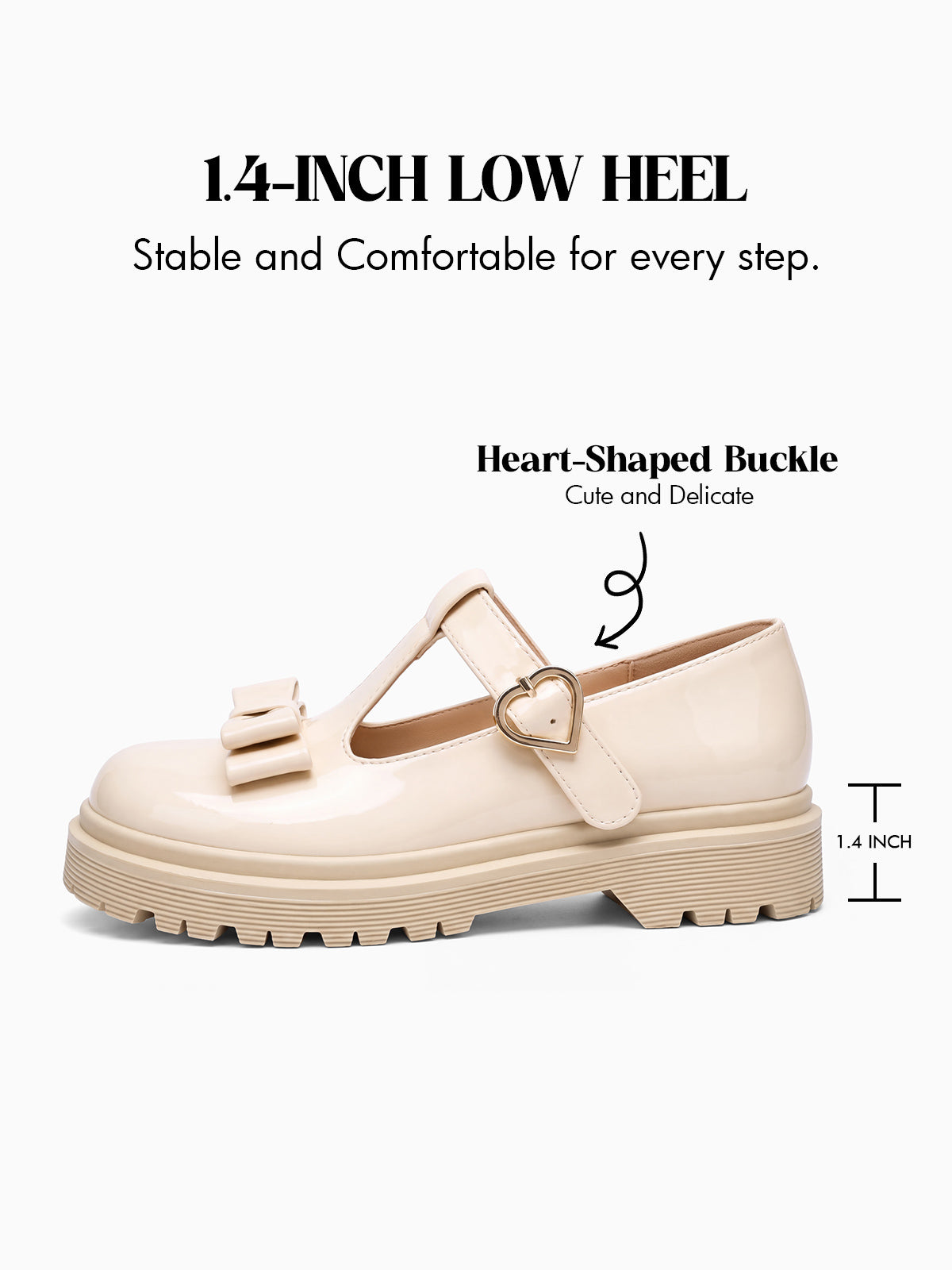 Coutgo Girls Apricot Beige Bow T-Strap Patent Chunky Platform Mary Jane Flats