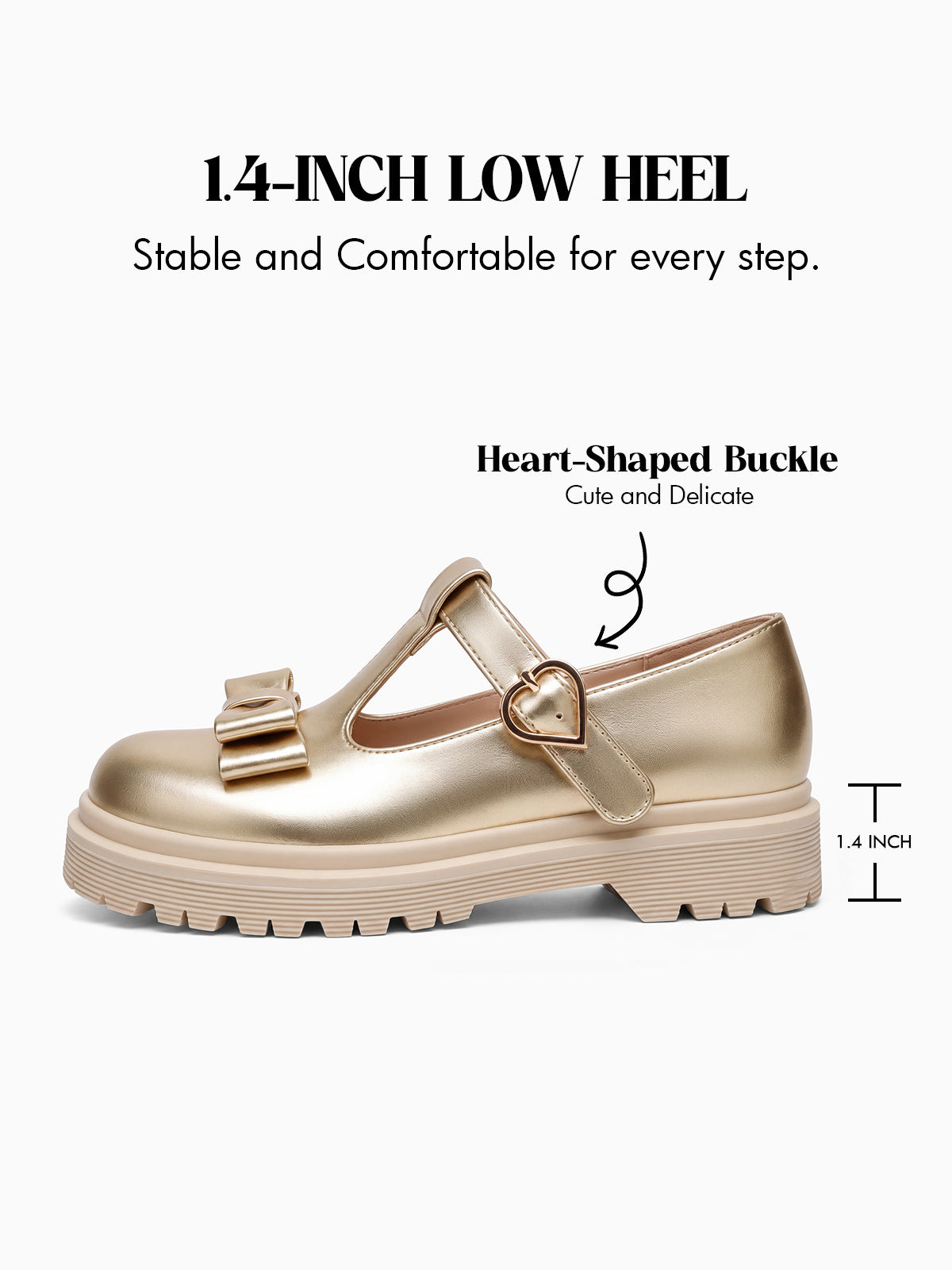Coutgo Girls Light Gold PU Bow T-Strap Patent Chunky Platform Mary Jane Flats