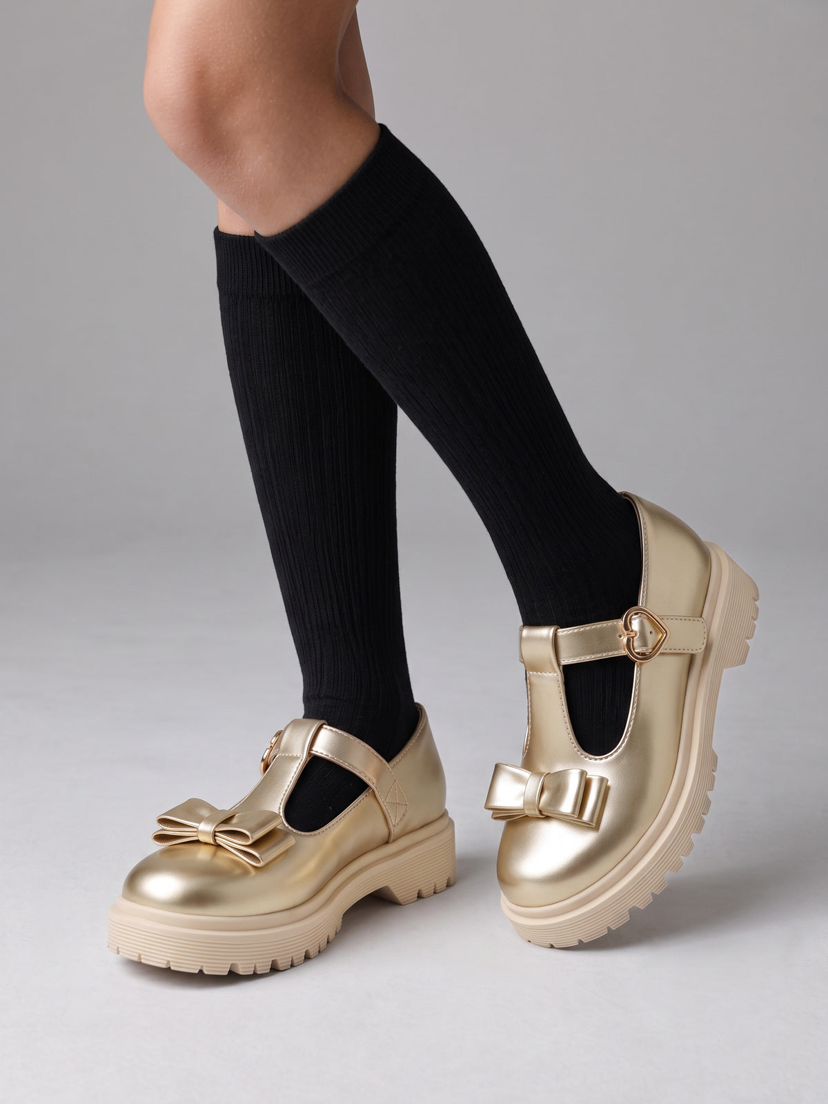 Coutgo Girls Light Gold PU Bow T-Strap Patent Chunky Platform Mary Jane Flats
