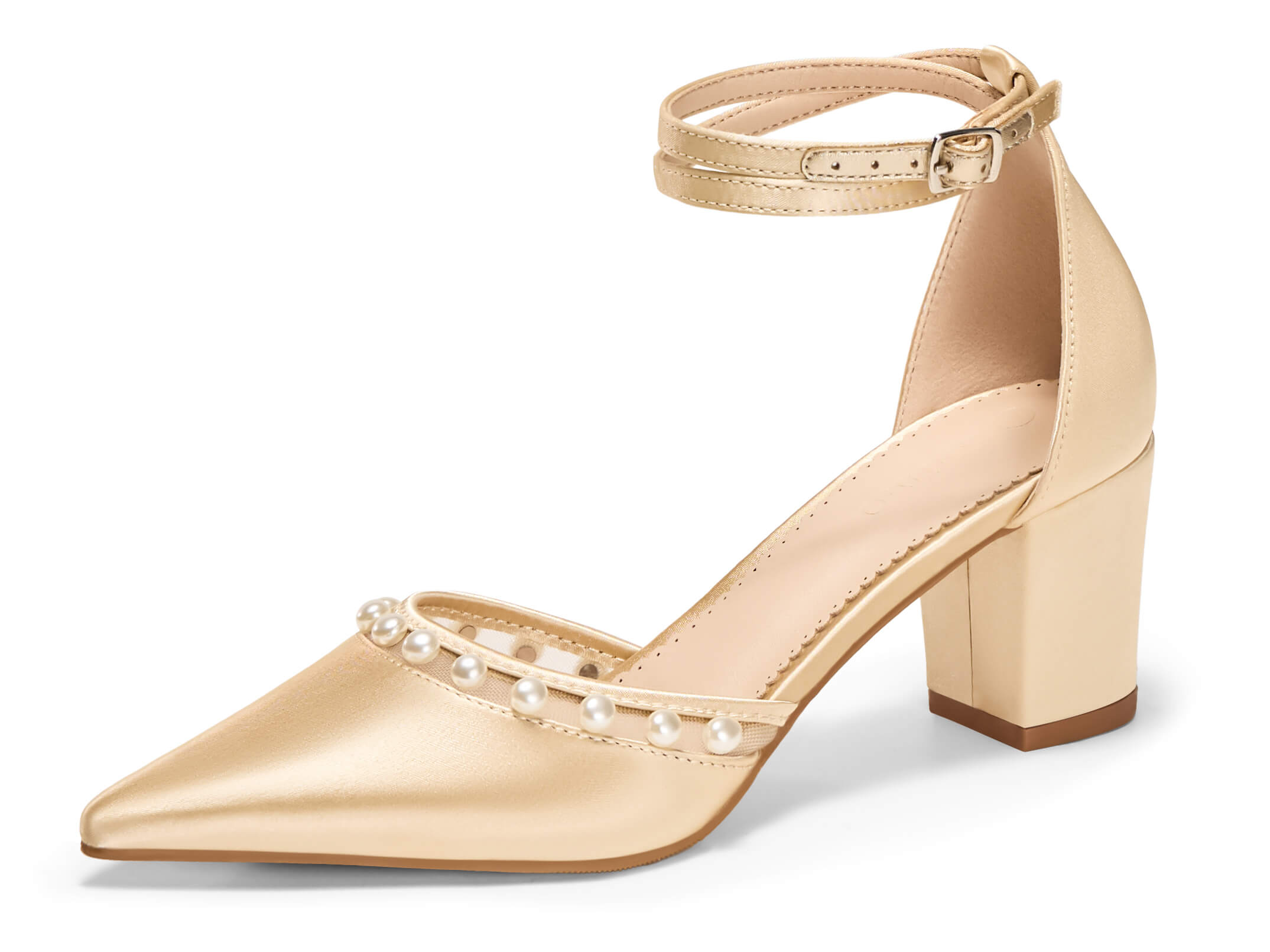 Coutgo Womens Champagne Gold Pearl Chunky Heels