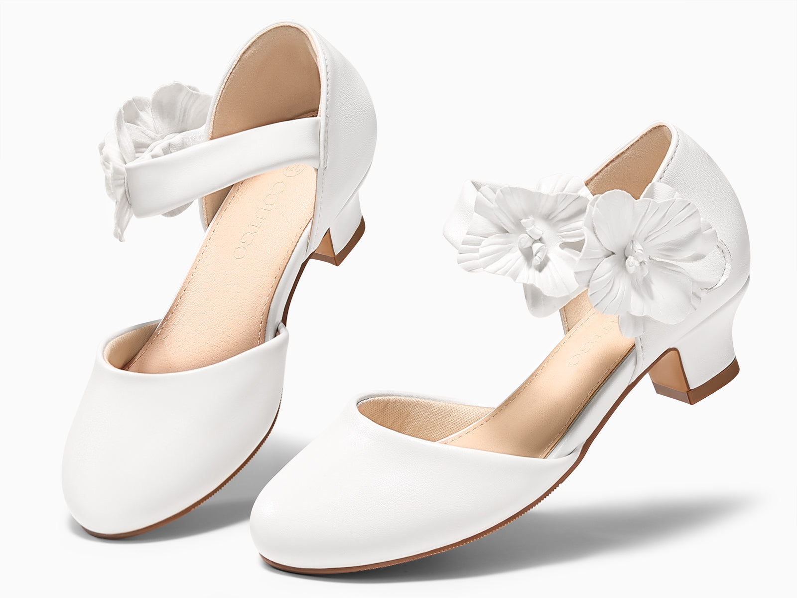 Coutgo Girls White Closed Toe Low Chunky Heels