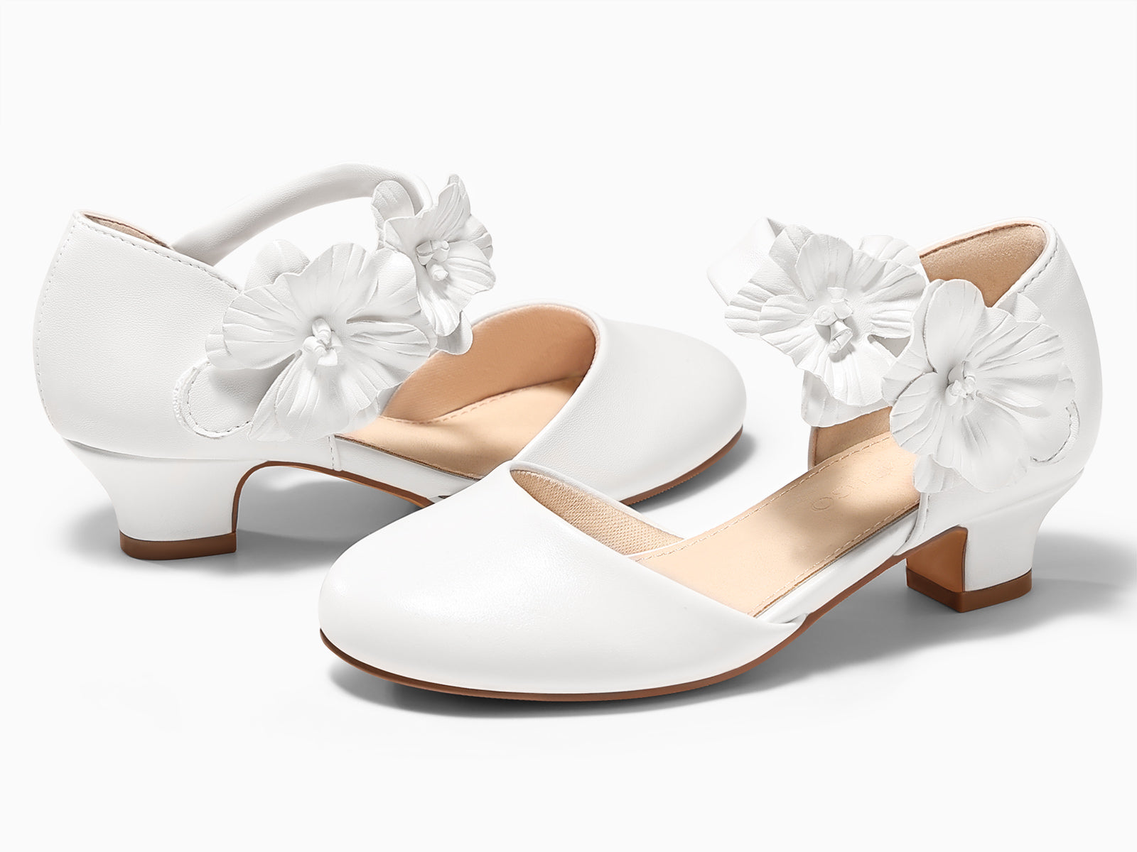 Coutgo Girls White Closed Toe Low Chunky Heels