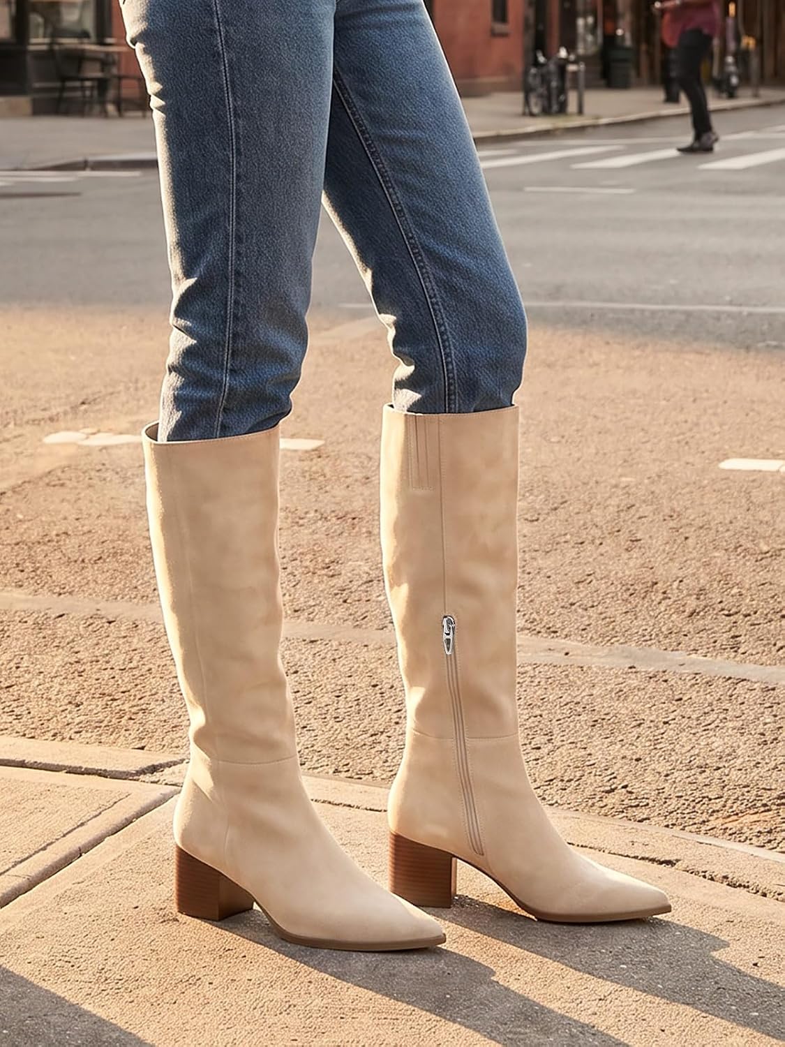 Coutgo Women Suede Beige Wide Calf Knee Boots