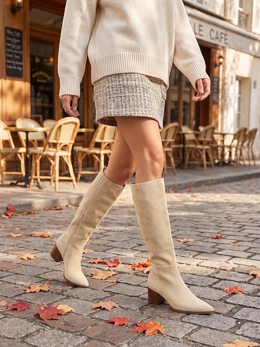 Coutgo Women Suede Beige Wide Calf Knee Boots
