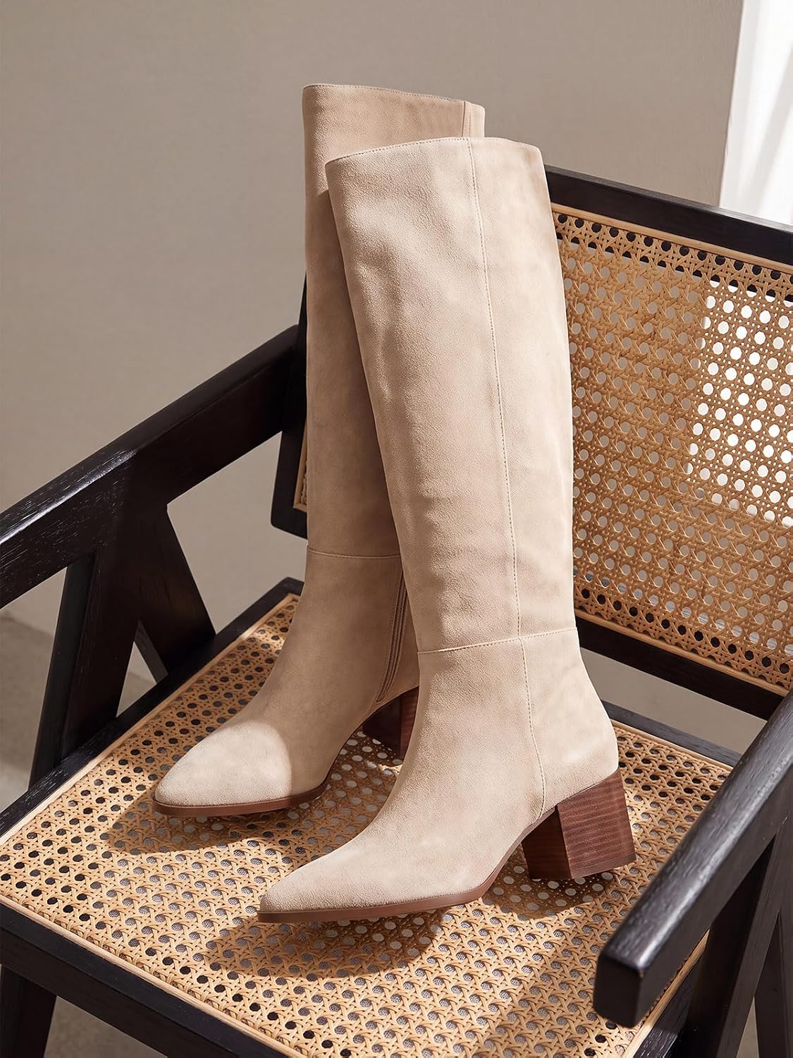 Coutgo Women Suede Beige Wide Calf Knee Boots