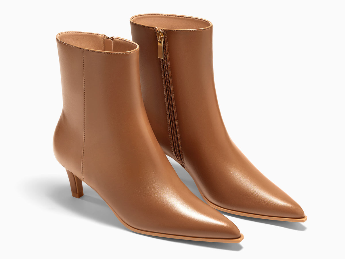Coutgo Womens Light Brown PU Pointed Toe Kitten Heel Side Zipper Fall Ankle Boots
