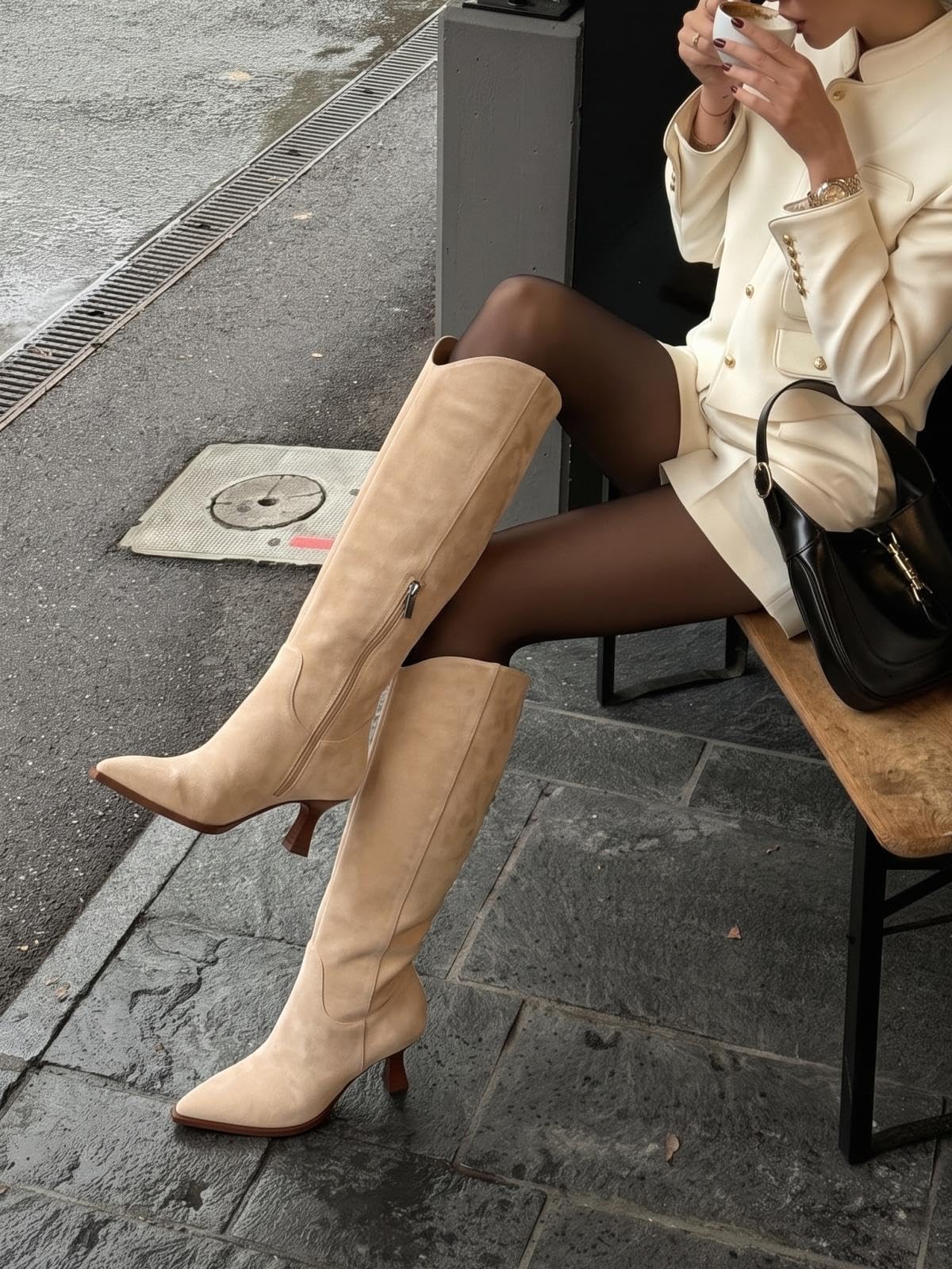 Coutgo Womens Nude Kitten Heel Boots