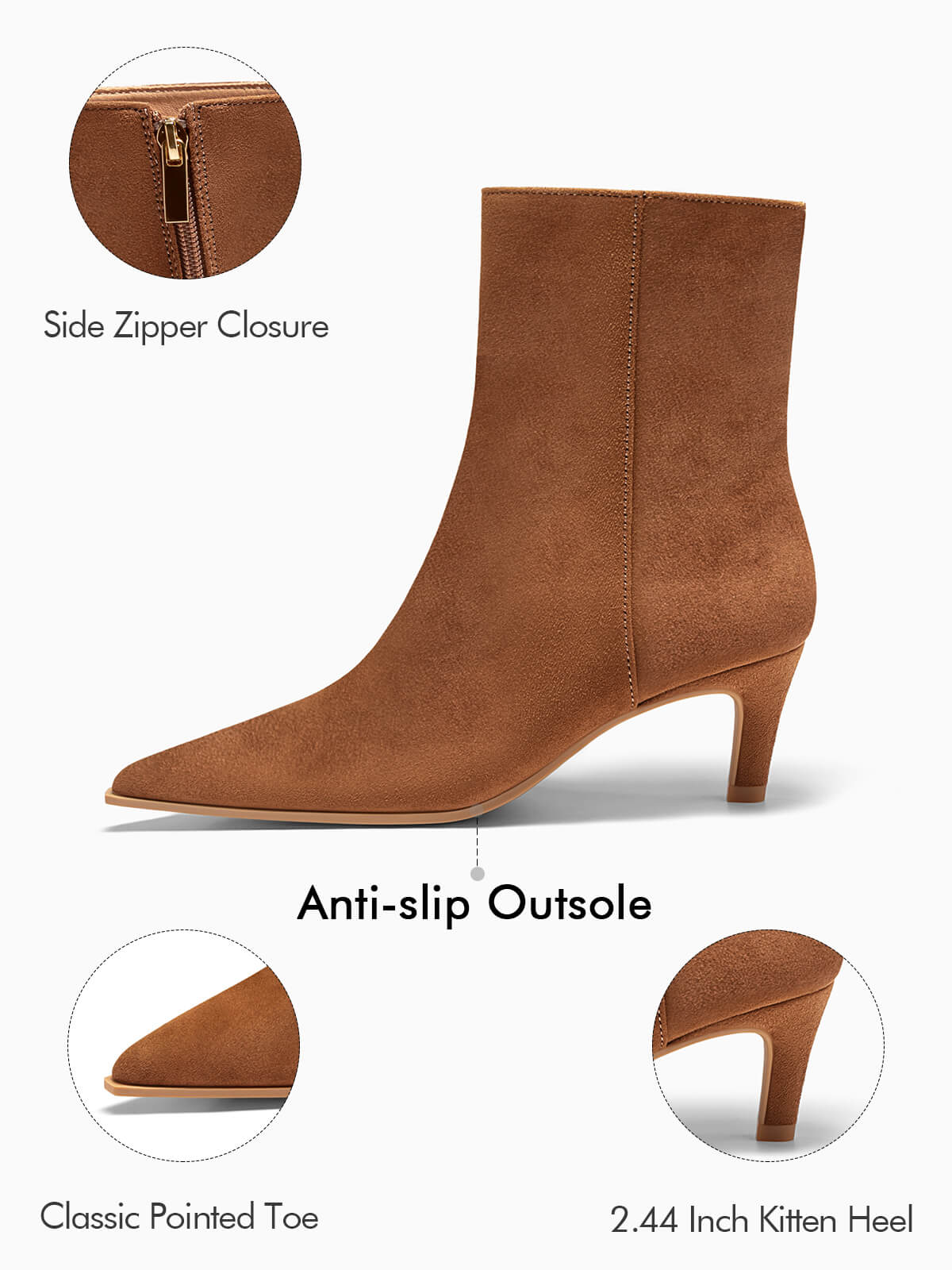 Coutgo Womens Brown Suede Pointed Toe Kitten Heel Side Zipper Fall Ankle Boots