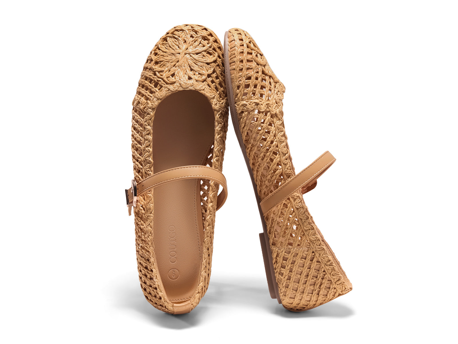 Coutgo Womens Mary Jane Brown Woven Flats