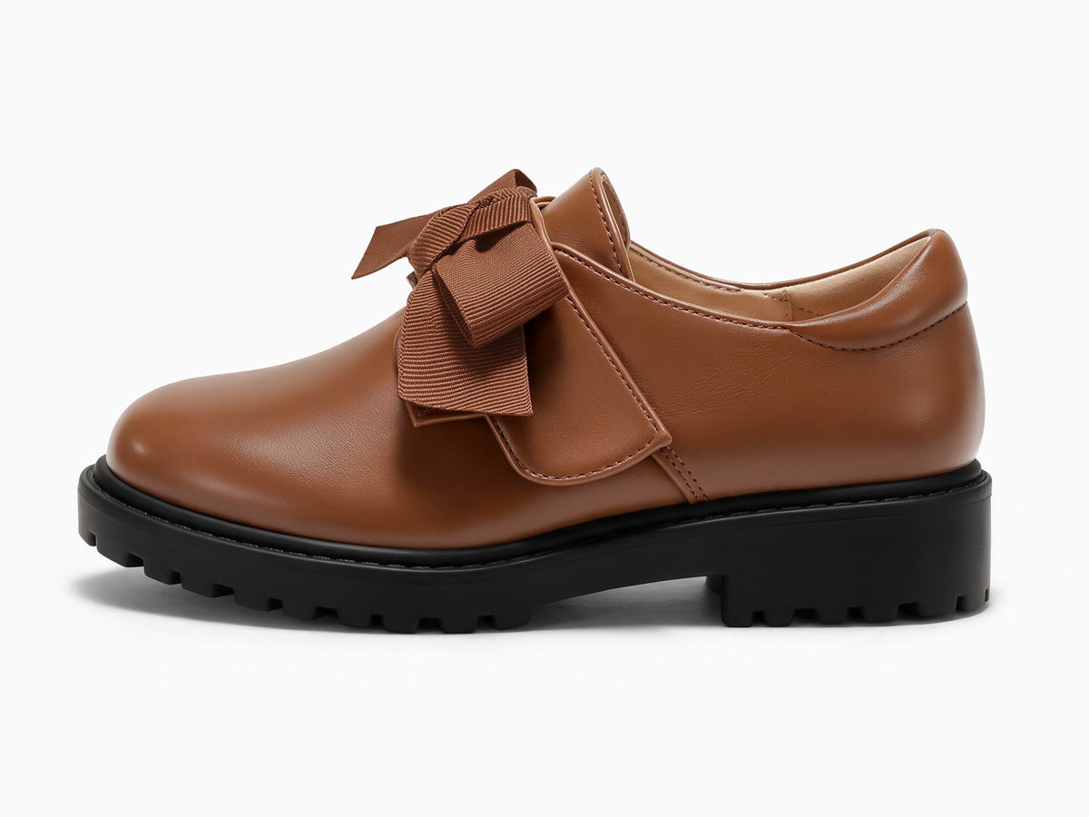 Coutgo Girls Brown Pu Bow Platform Loafers