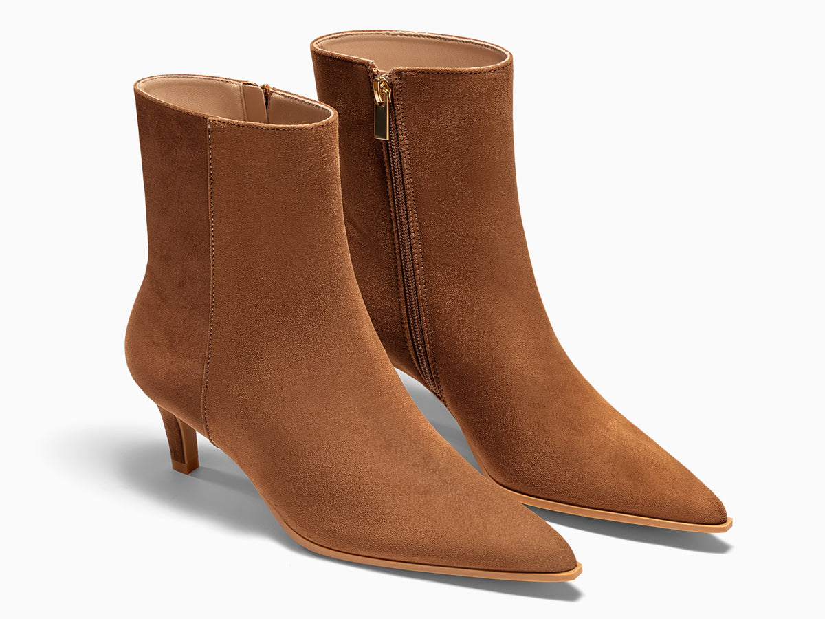 Coutgo Womens Brown Suede Pointed Toe Kitten Heel Side Zipper Fall Ankle Boots