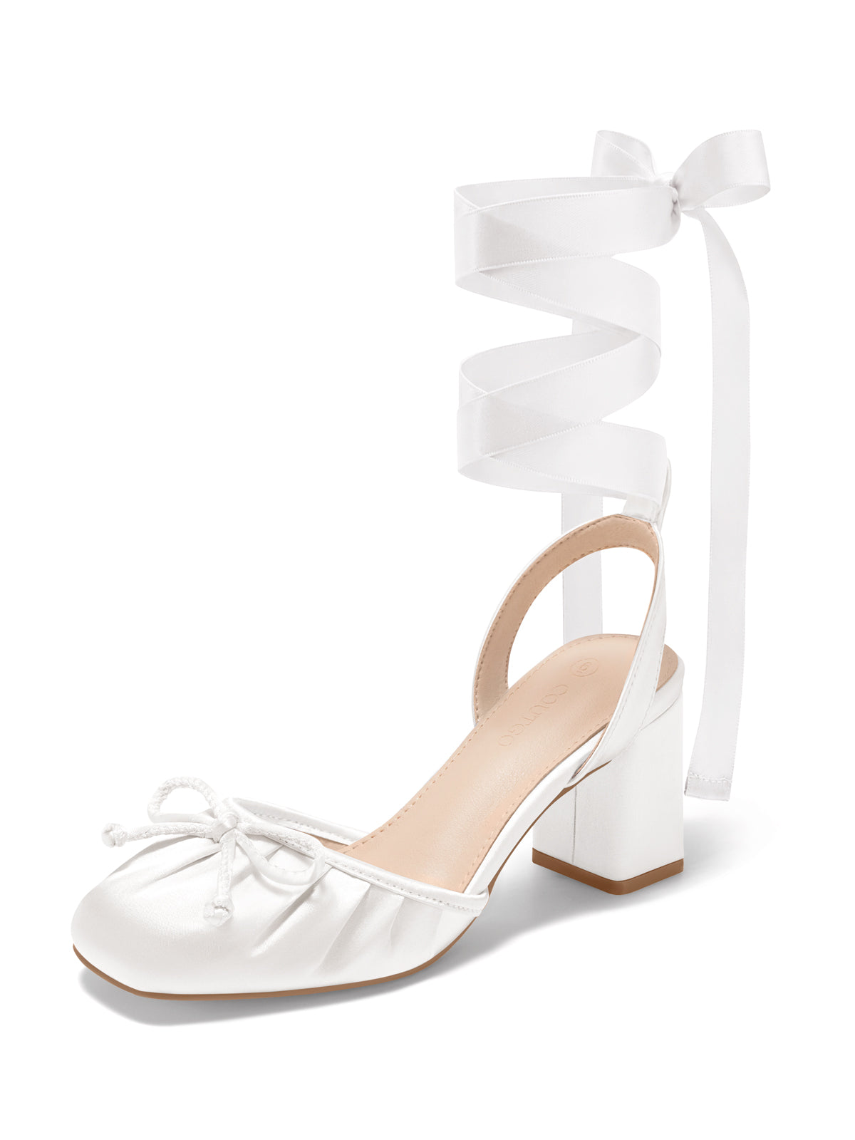 Coutgo Women White Bow Chunky Heel Pumps