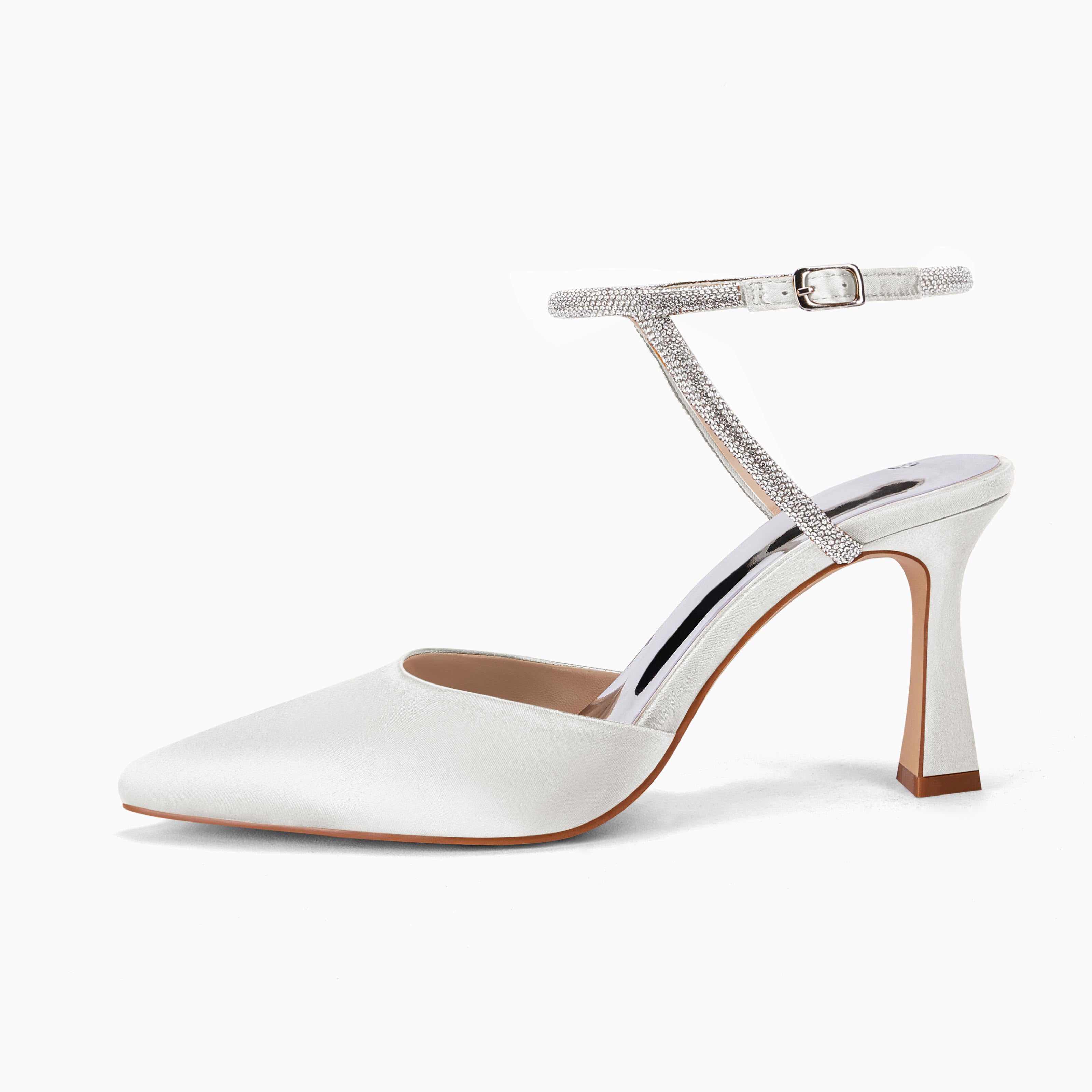 Coutgo Women White Satin Rhinestone Pumps