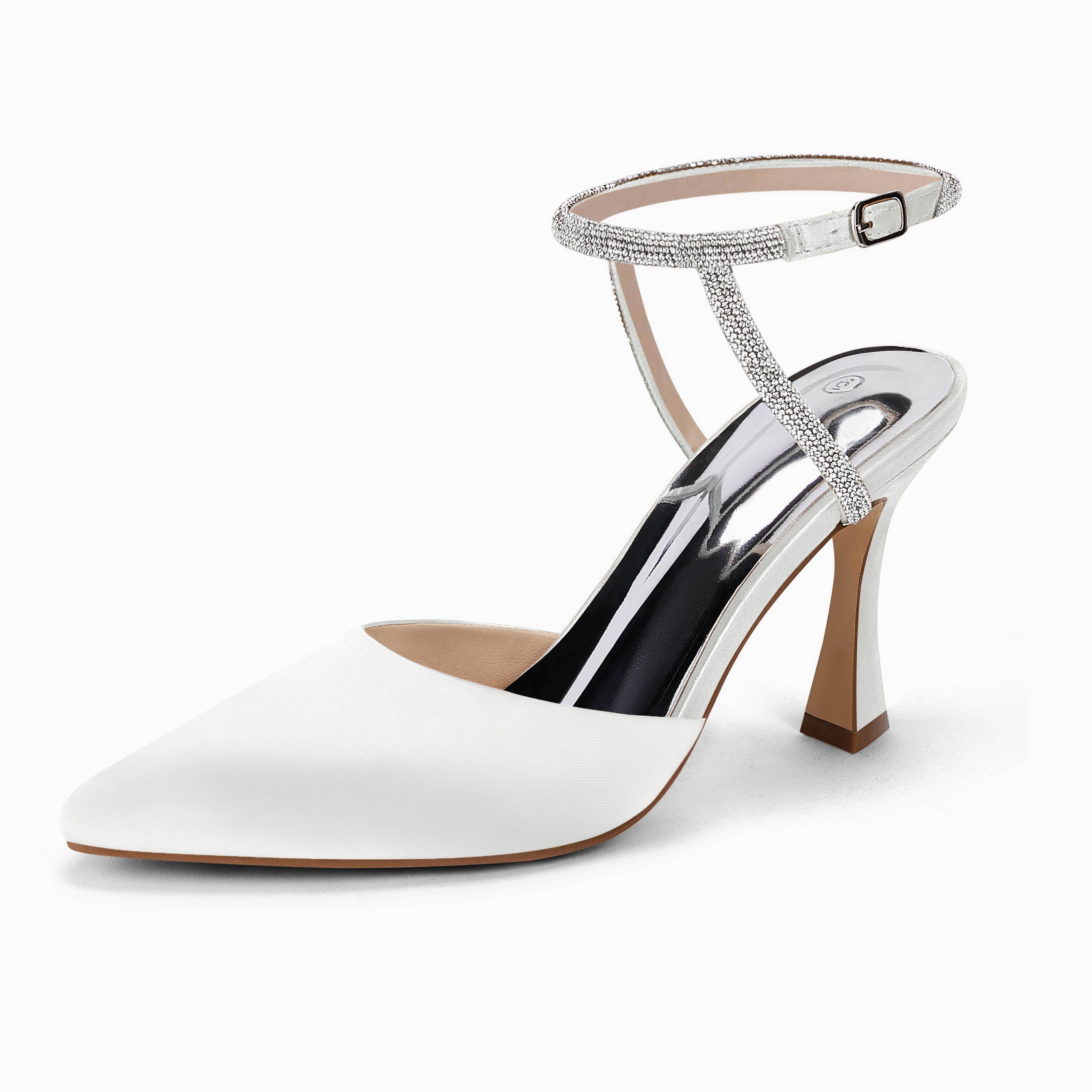 Coutgo Women White Satin Rhinestone Pumps