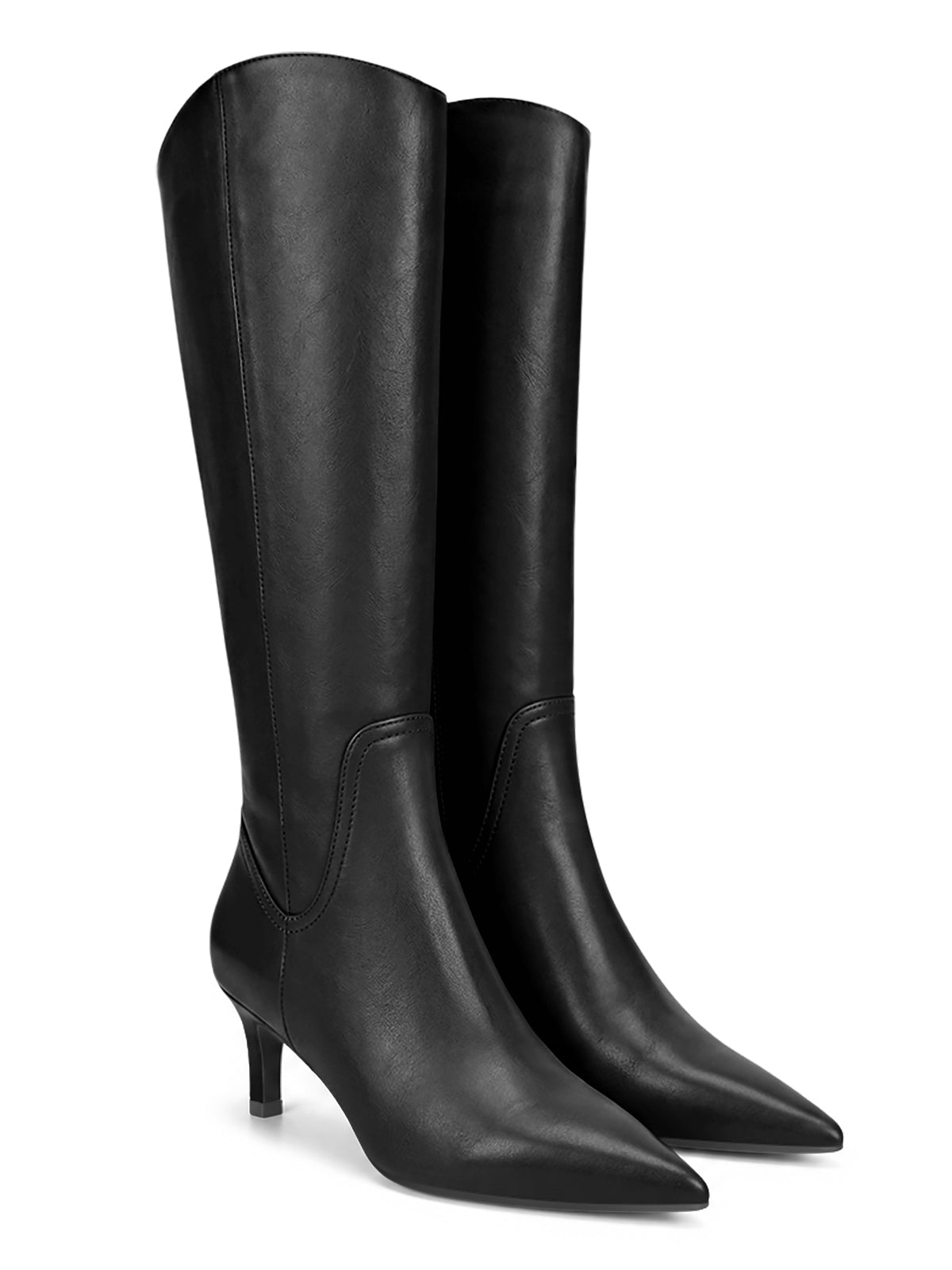 Coutgo Womens Black Pu Kitten Heel Knee Boot